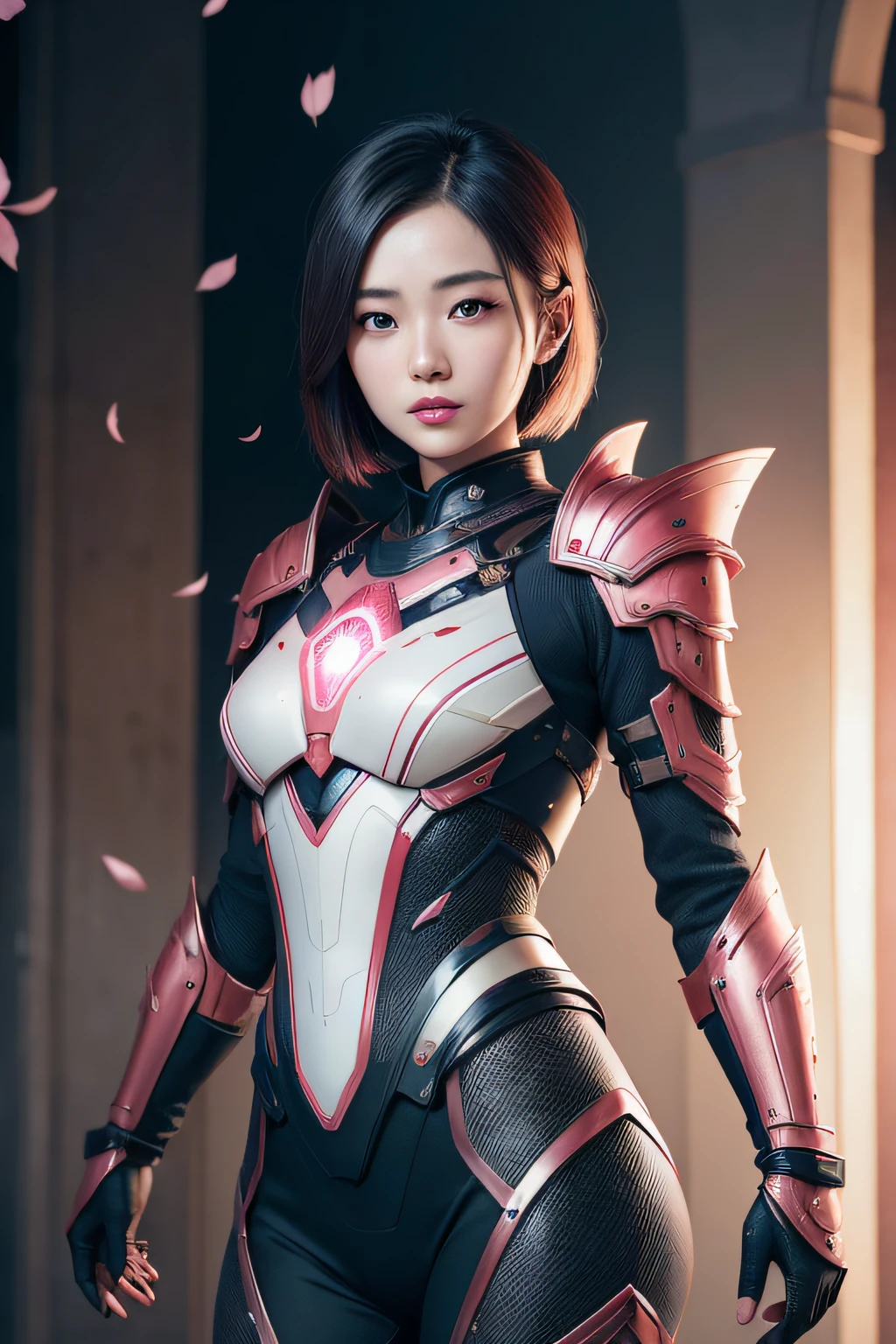 beautiful japanese young woman, wearing ninja armor, thick symmetrical features, very short hair, background is cherry blossoms, pink aura, red lips, octane render,