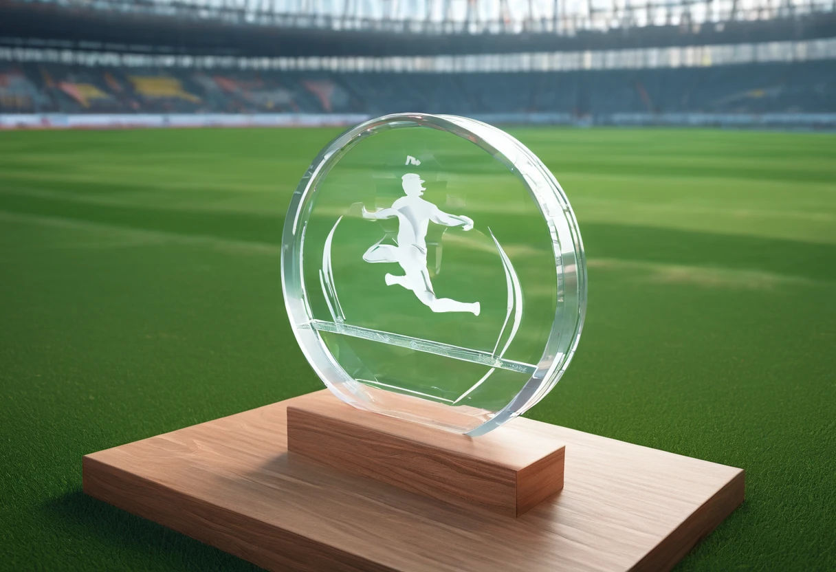 Glass round medal。 Acrylic material。Placed vertically on the grass in the middle of the stadium。Athletics field