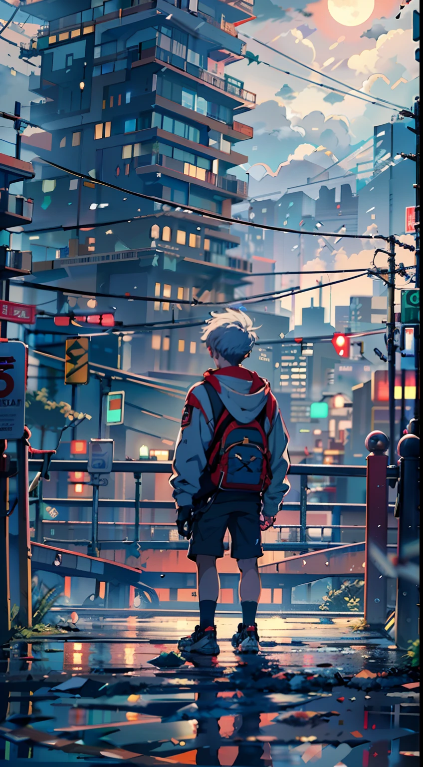 1boy,(15 years old boy:1.5)、Anime-style protagonist、Cyberpunk Boy、silber hair、Spiky hairstyle、machine gun、Japan sword on the back、Whole body bloody、Shot from the knee up、The beginning of the adventure、Lots of clouds,heavy fog、Big Moon、Lightning、Chaotic city of the future、dystopian、A group of very tall skyscrapers stands in the center、Very complex cityscape,Crowded Chinese skyscrapers、Tall radio tower、Trees、street signs、streetlights、taxis、buses、Train、Warm lighting,Dark road、puddles、Chaotic、Beautiful and fantastic scenery、Cinematic scenery、hightquality、masutepiece,in 8K、hight resolution、