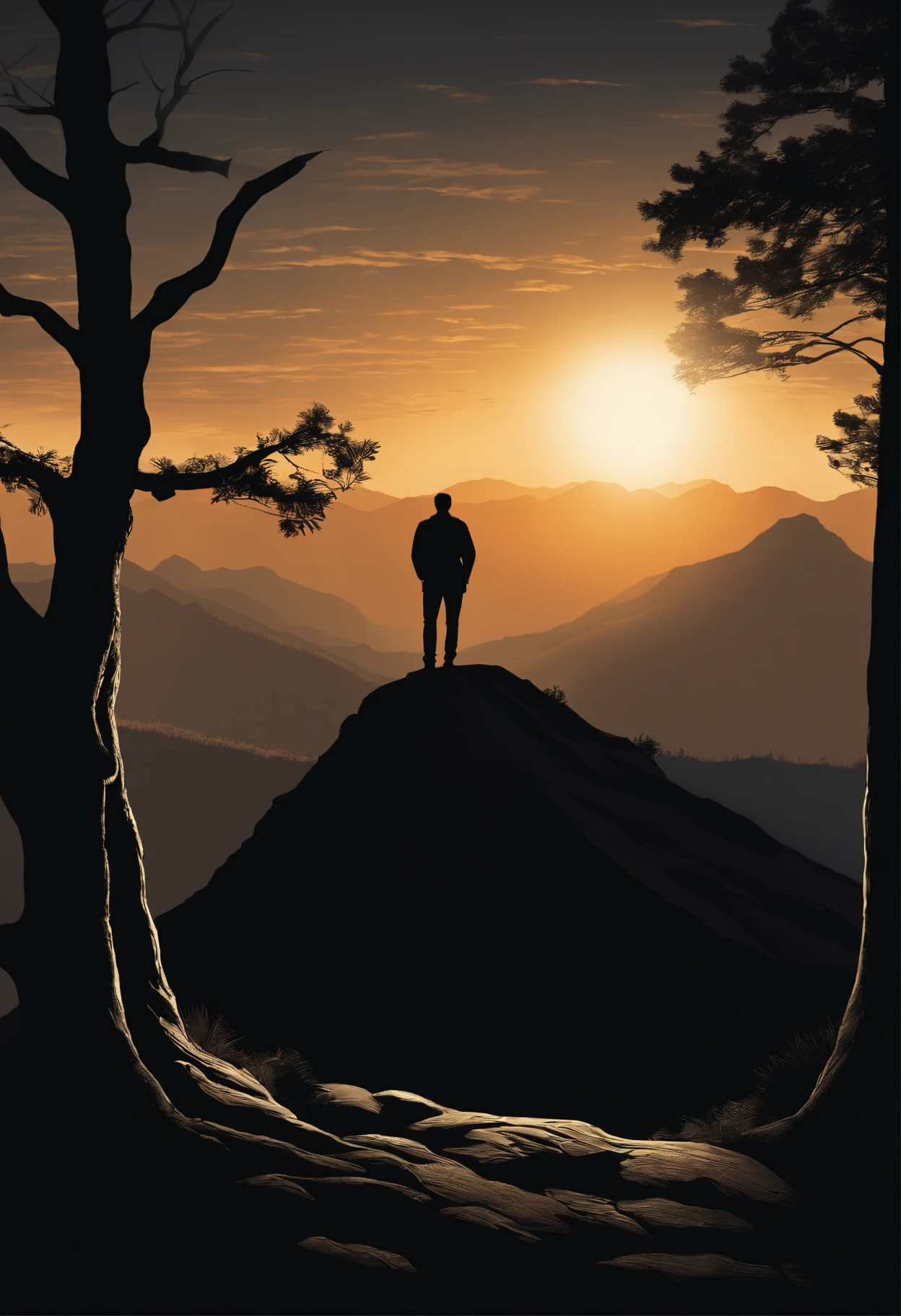 silhouette of a man standing on a mountain with big tree peak with the sun setting behind him,vector illustration, black and white,high-resolution, dramatic studio lighting,painting-style,landscape,contrast,shadows,dramatic composition,serene atmosphere,majestic view.