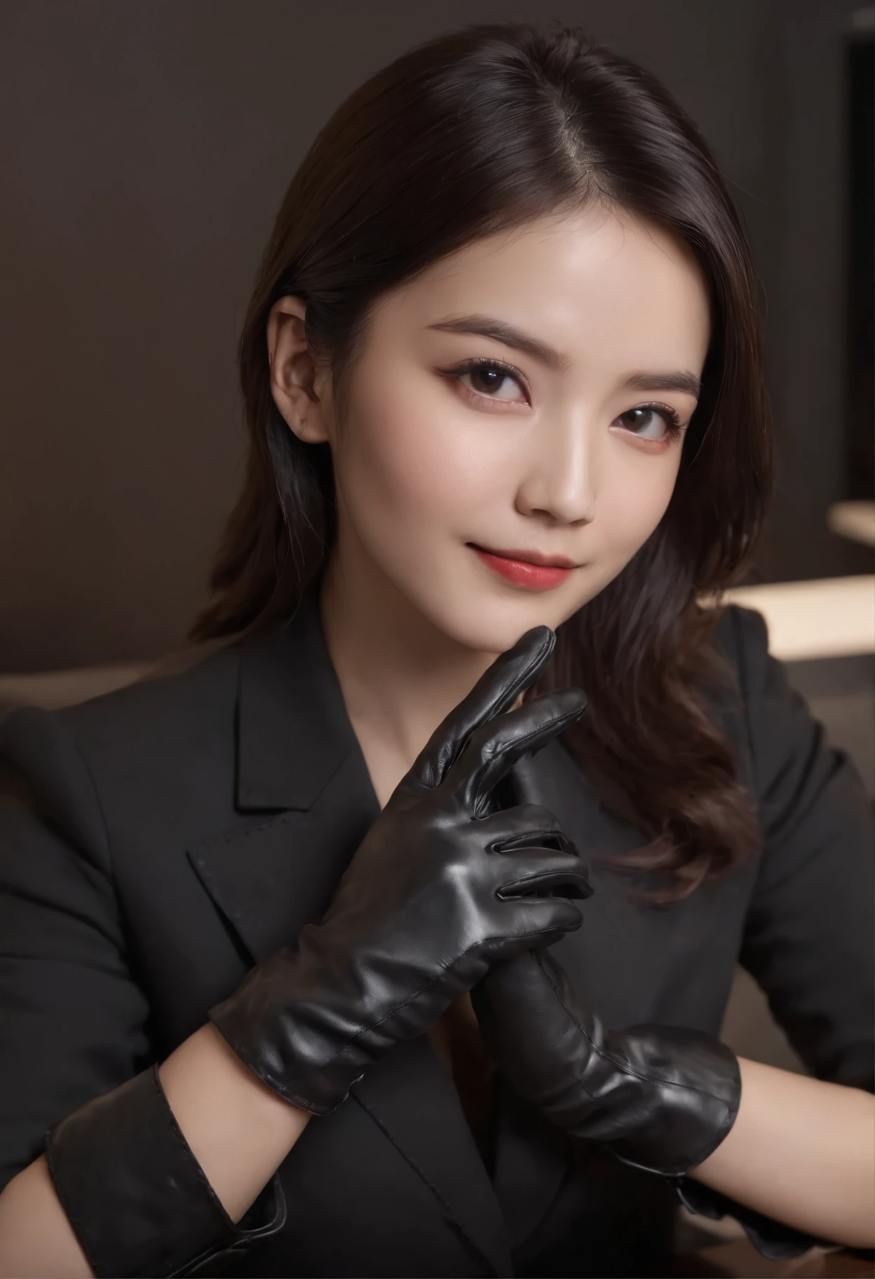 Wearing black leather gloves on both hands, Upper body, Black business suit, Facing the desk in my room with a computer in the dark, Look down and smile, Operating the computer with the fingertips of black leather gloves, Black hair was tied back for a long time, Japan female new employee who is still young and very cute (Black leather gloves cover both hands)