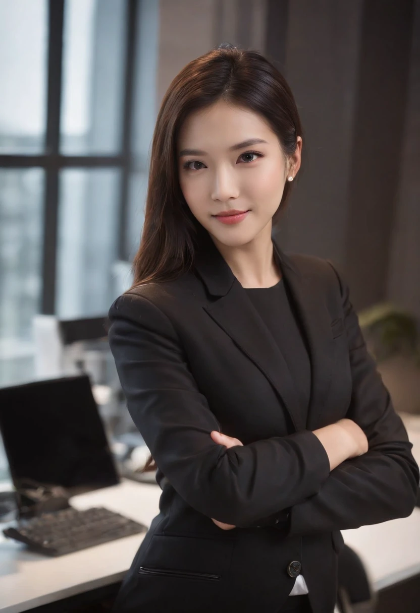 Wearing black leather gloves on both hands, Upper body, Black business suit, Facing the desk in my room with a computer in the dark, Look down and smile, Operating the computer with the fingertips of black leather gloves, Black hair was tied back for a long time, Japan female new employee who is still young and very cute (Black leather gloves cover both hands)