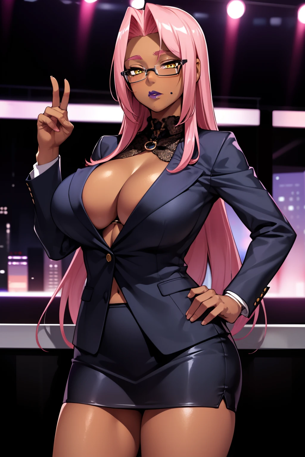 1girl,ingrid, dark-skinned female, very long hair, yellow eyes, purple lips, pink hair, forehead, hair intakes, mole under mouth, mole, large breasts,business suit, formal, jacket suit, skirt suit, cleavage,cowboy shot,glasses,night,nightclub,pub,indoor