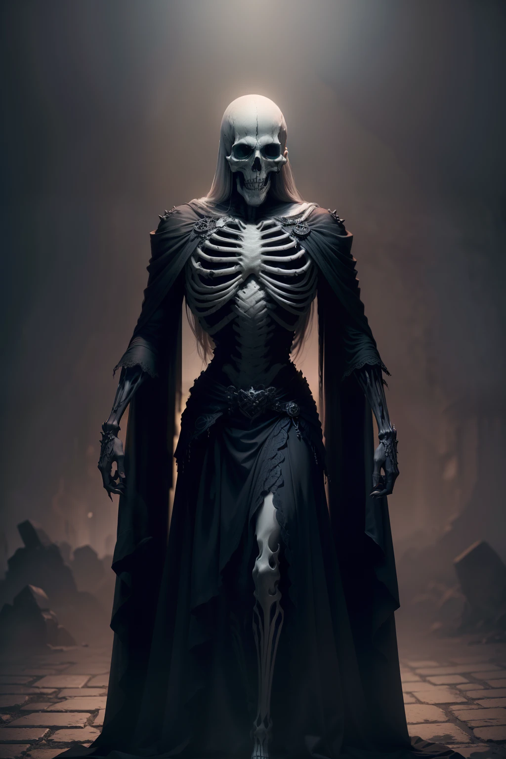 (Best Quality,Ultra-detailed,Realistic:1.37)、A Necromancer、A skeleton that combines creepiness and beauty、Atrocious、cruel、wicked、Horror, Horror movie lighting, Full body