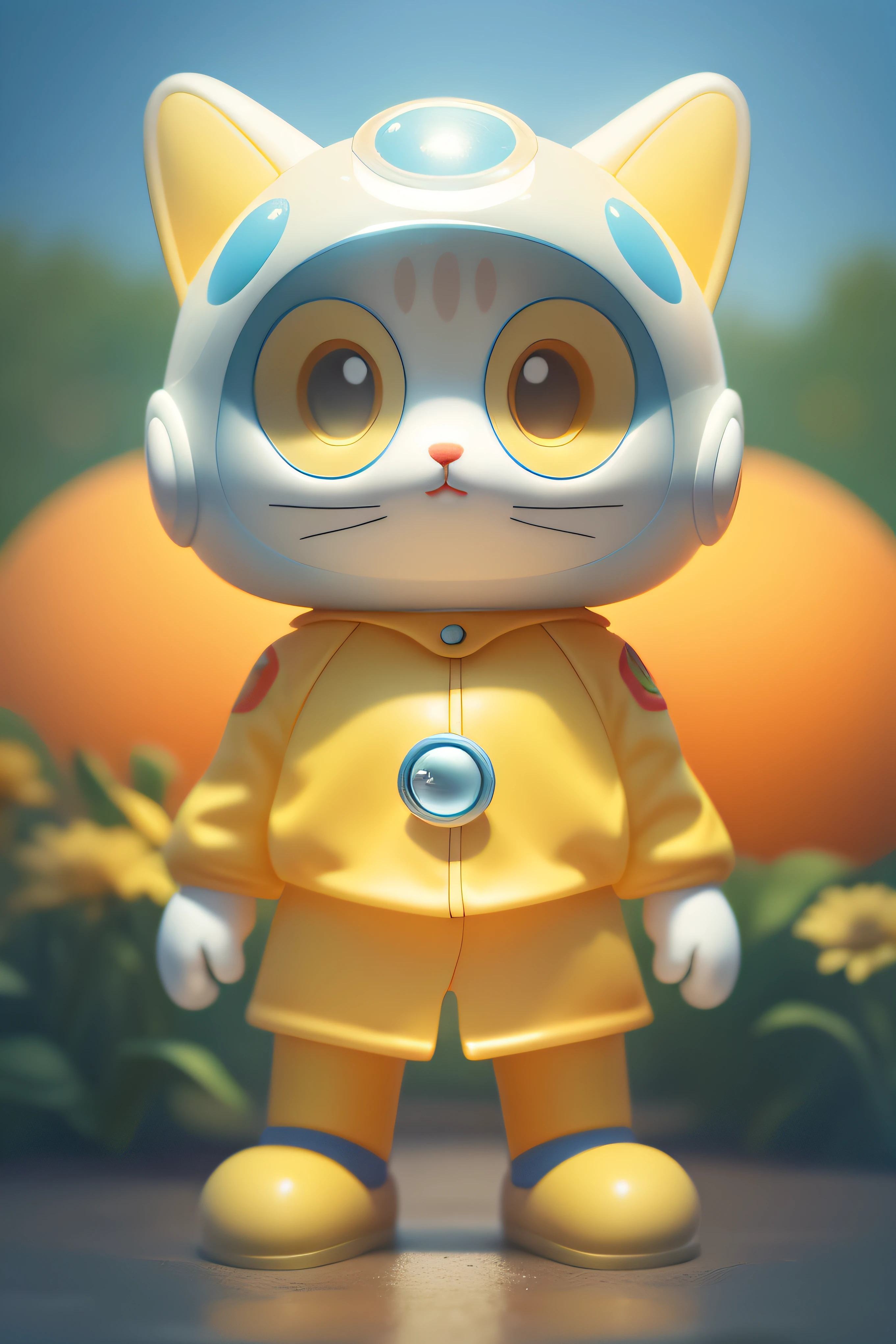 Doraemon style anthropomorphic cartoon cat, In the garden，Cat beard，White yellow，Telescope on the head，yellow outfit, Park background，Background with, Bubble Mart, full bodyesbian, Depth of field, Transparent material raincoat，C4D，((Do not wear helmets:1.4))