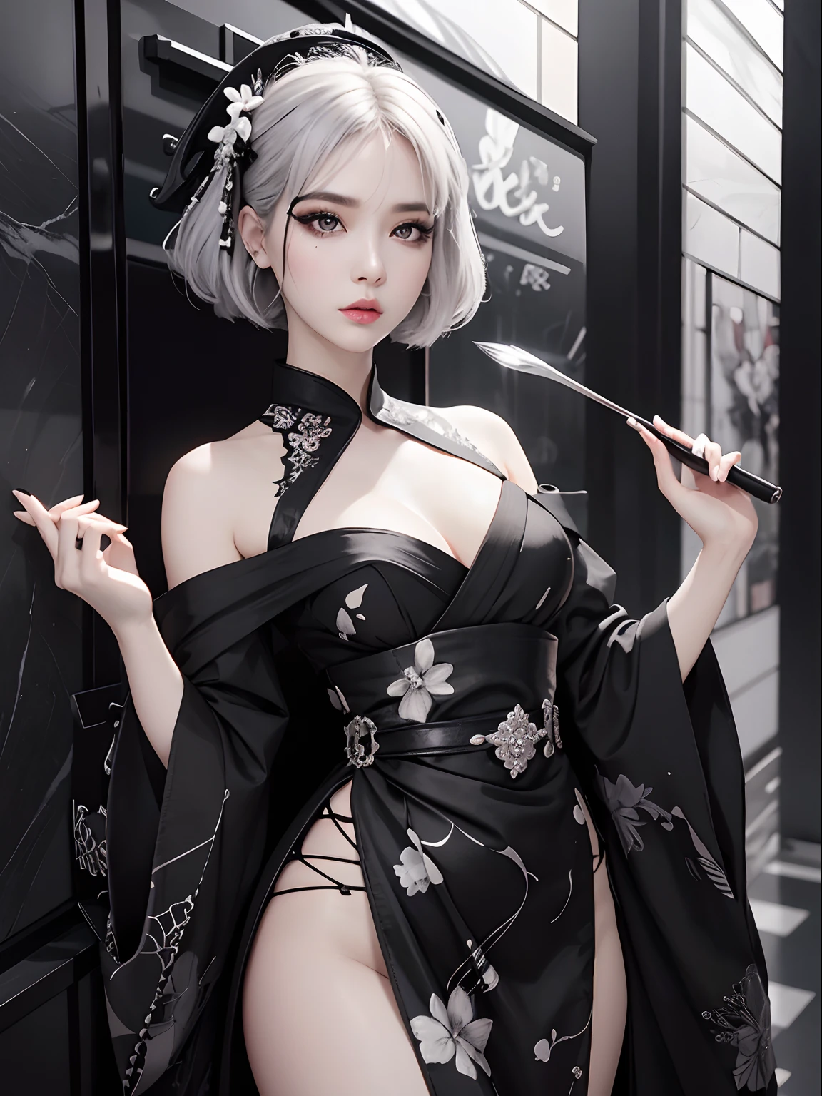 Black and white marble pattern kimono dress、Black eyeliner and black eyeshadow、A detailed face、detailed facial expression、Shoot from the waist up、Dynamic Posing、Fancy makeup、See-through stall、Platinum Color Hair、short-hair、