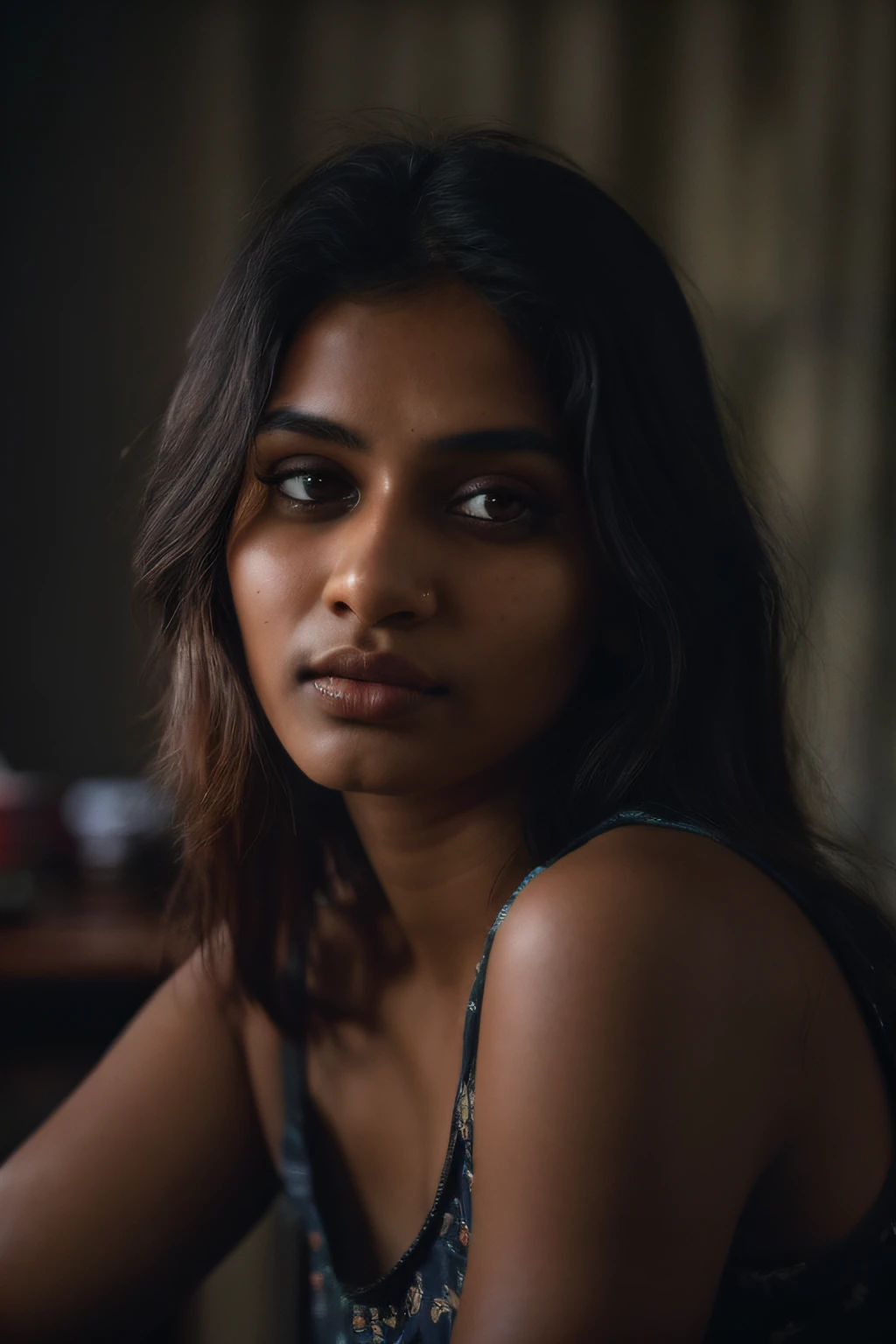 (close-up, editorial photograph of a 26 year old Indian woman), (highly detailed face:1.4) (smile:0.7) (background inside dark, moody, private study:1.3) POV, by lee jeffries, nikon d850, film stock photograph ,4 kodak portra 400 ,camera f1.6 lens ,rich colors ,hyper realistic ,lifelike texture, dramatic lighting , cinestill 800,