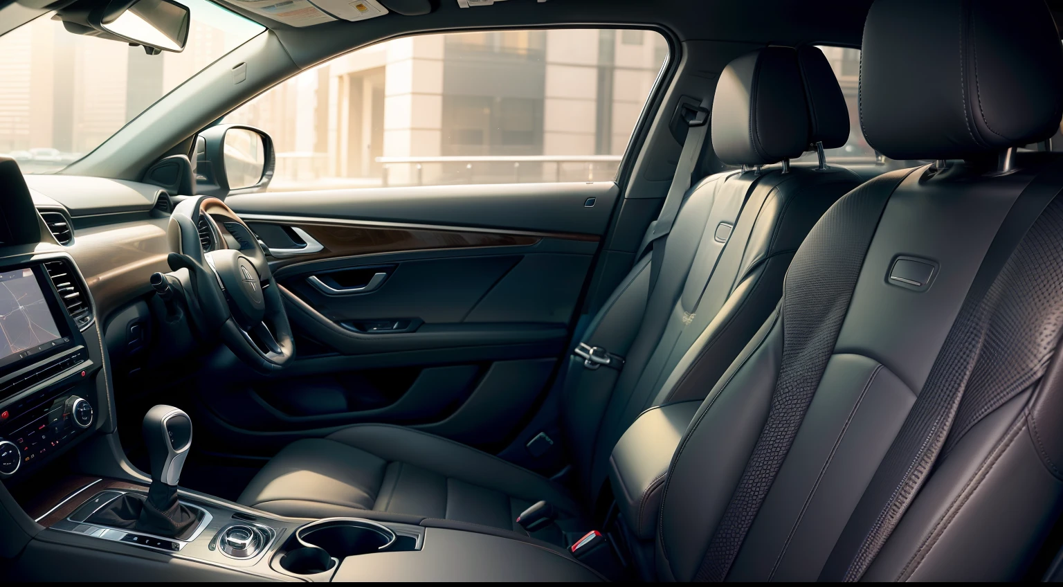 The driver's seat of the car seen from the passenger seat、Interior of a luxury car、drivers seat、unmanned