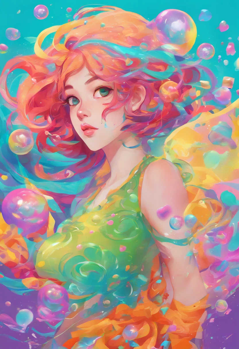 ((top-quality, 8K)), (Realistic), (Face Focus: 1.1), (cyan colors:1.3), (Green and purple colors: 1.2), Kawaii Girl, short-hair, Hair fluttering in the wind, Body from the waist up, (Sleeveless: 1.1)、Skirt, the skirt is swaying in the wind, D Cup Breasts, Countless soap bubbles, (Soap bubbles are red, Yellow and orange:1.2),