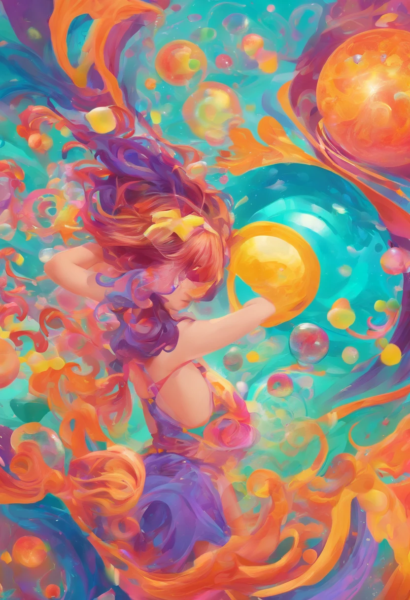 ((top-quality, 8K)), (Realistic), (Face Focus: 1.1), (cyan colors:1.3), (Green and purple colors: 1.2), Kawaii Girl, short-hair, Hair fluttering in the wind, Body from the waist up, (Sleeveless: 1.1)、Skirt, the skirt is swaying in the wind, D Cup Breasts, Countless soap bubbles, (Soap bubbles are red, Yellow and orange:1.2),