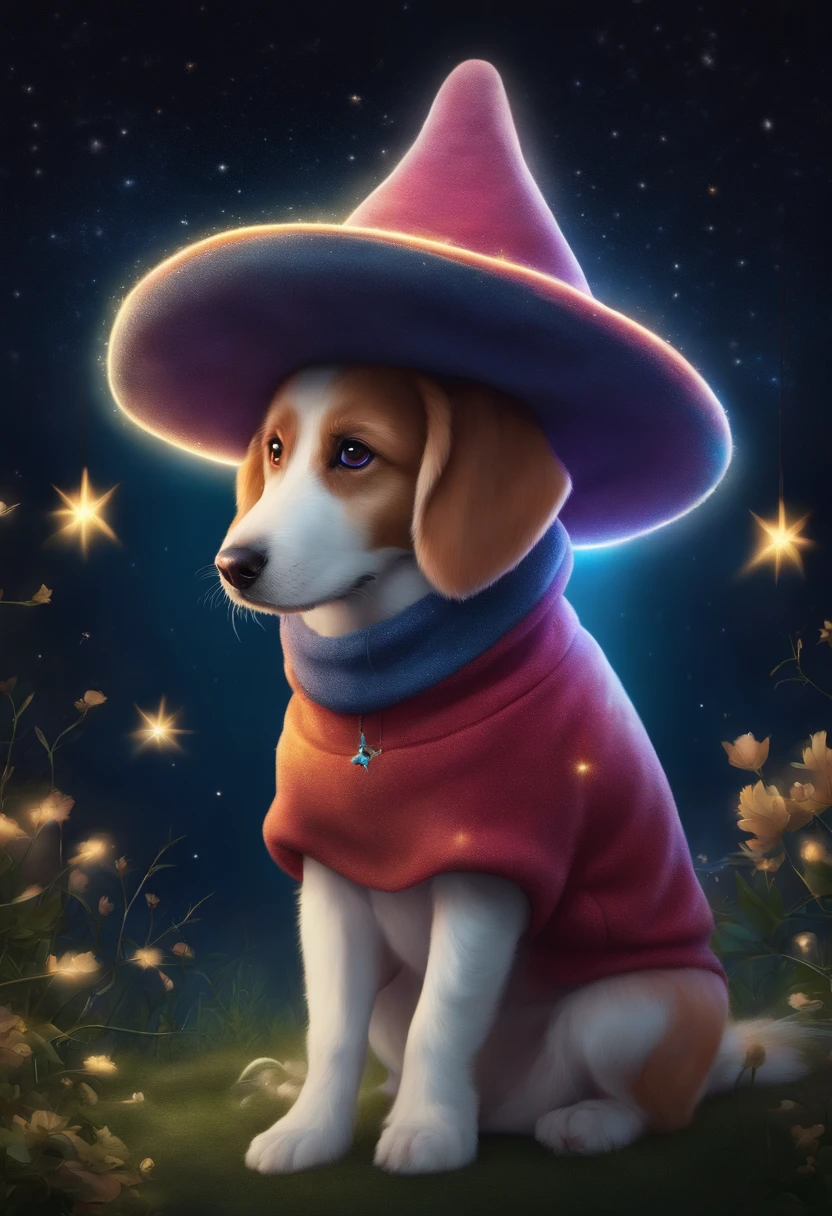 A cute dog, Wear a sweatshirt，With a hat on, fantasy, emphasis lighting, spectral color, anime big breast, A winding path illuminated by a million stars.