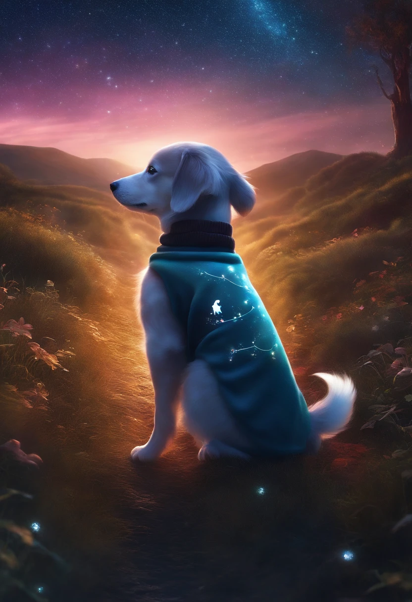 A cute dog, Wear a sweatshirt，With a hat on, fantasy, emphasis lighting, spectral color, anime big breast, A winding path illuminated by a million stars.