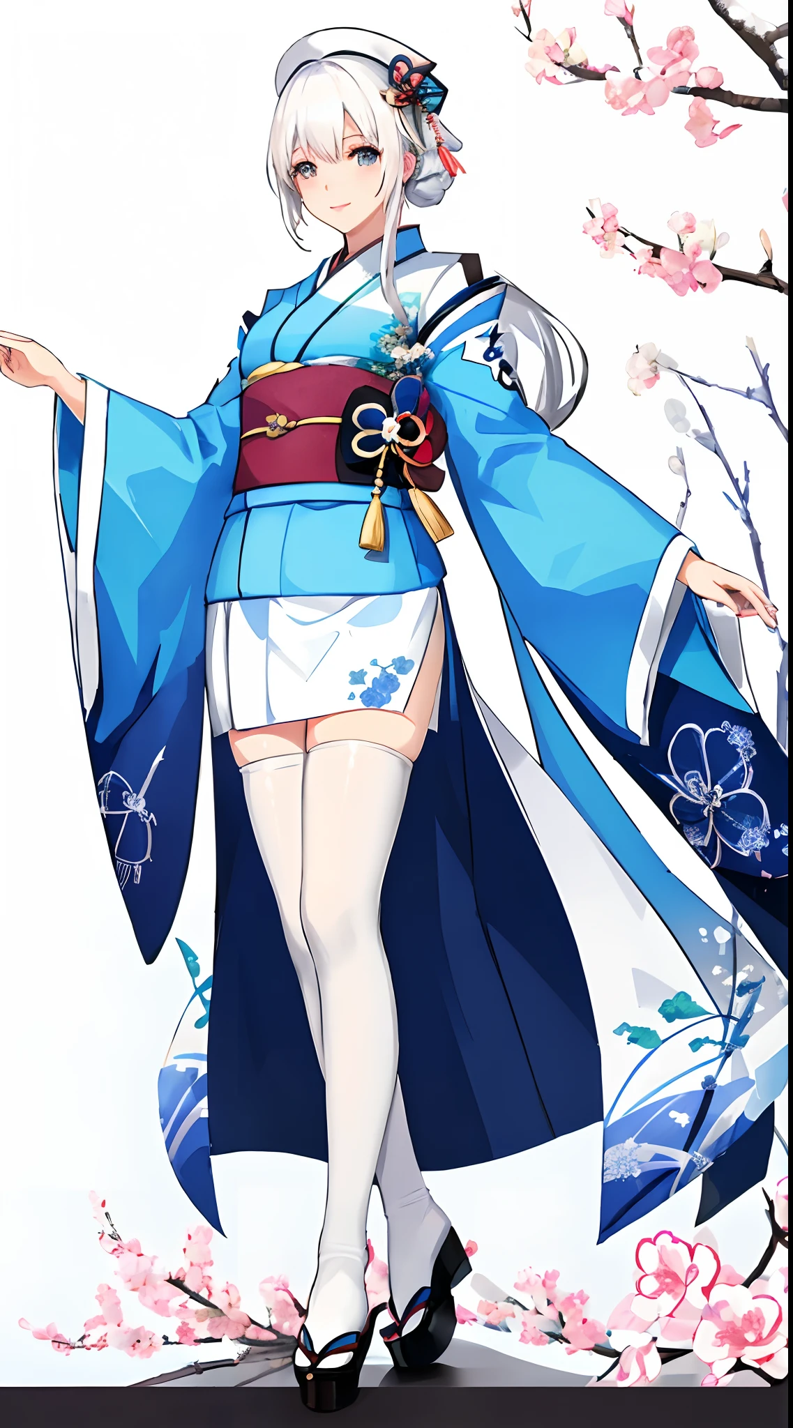 White-haired， Japanese style， medium tit， Beautuful Woman， White stockings， blue kimono.