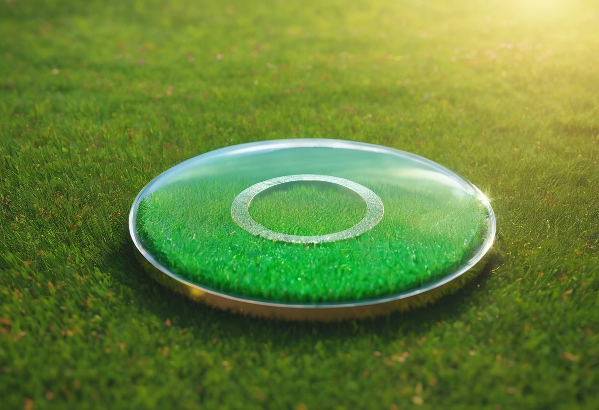 Glass round medal。 Acrylic material。Placed vertically on the grass in the middle of the stadium。Athletics field