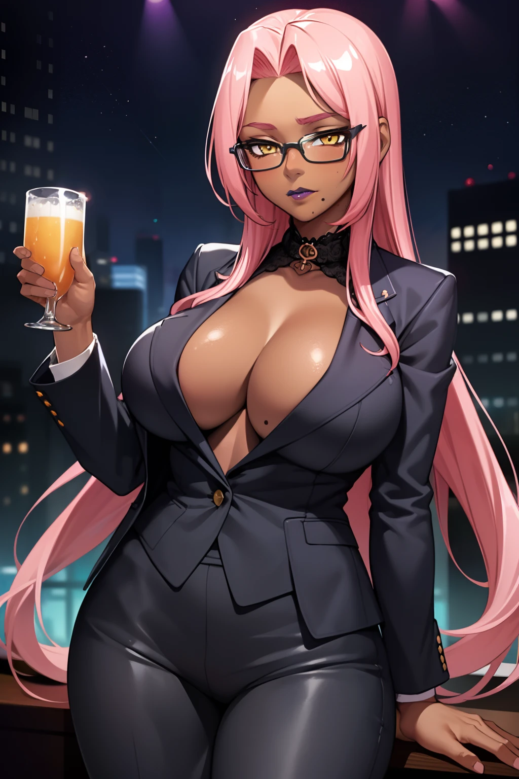 1girl,ingrid, dark-skinned female, very long hair, yellow eyes, purple lips, pink hair, forehead, hair intakes, mole under mouth, mole, large breasts,business suit, formal, jacket suit, skirt suit, cleavage,cowboy shot,glasses,night,nightclub,pub,indoor