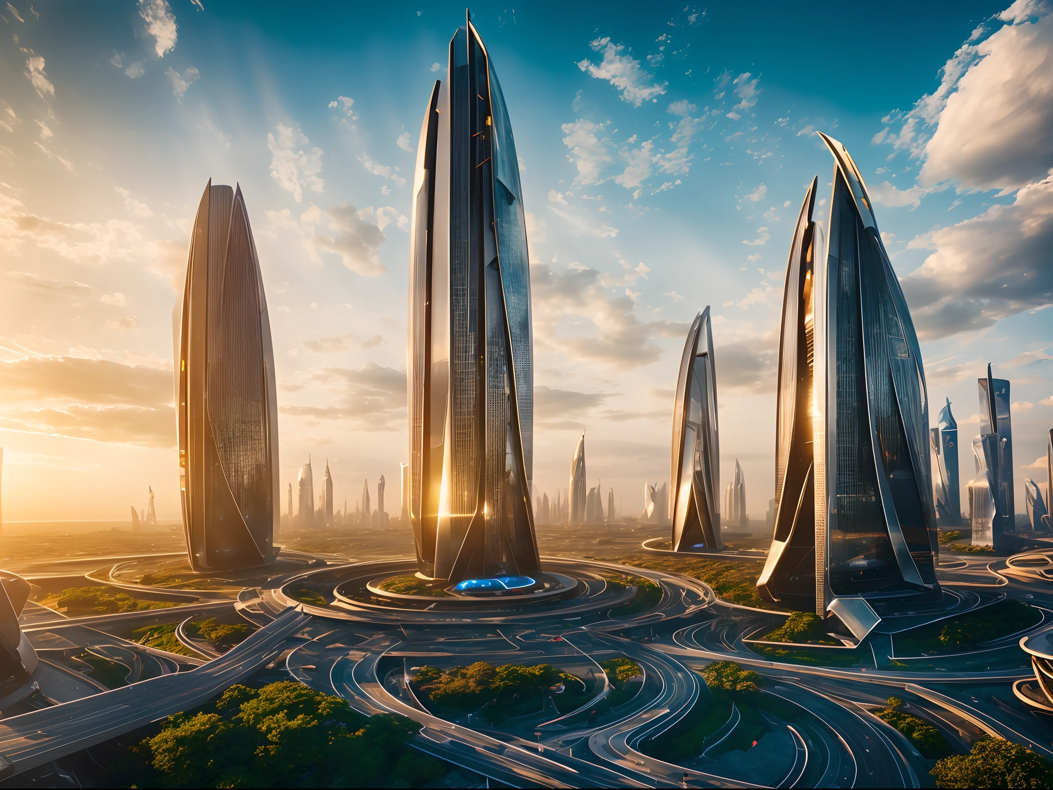 A landscape futuristic building landmark, unique futuristic, crowded motion blur, city scape, detailed landmark, realistic image, perfect object, golden hour, masterpiece composition, dynamic very wide portrait view, dramatac rays lighting, cinematic, UHD, highly detailed texture, 8k, sharp focus, dynamic landscape photography, centered object, landmark design idea