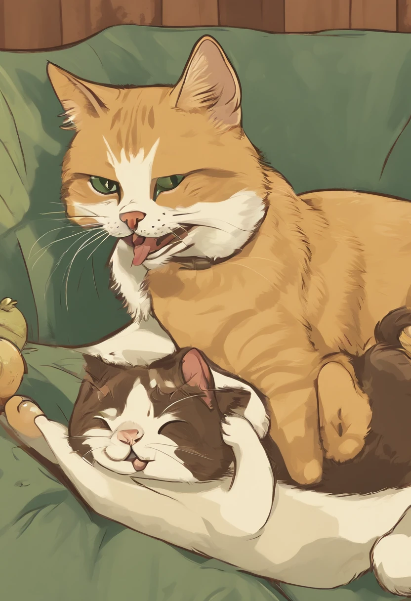 A cat and a dog eating chicken, Happy expression, American cartoon style, vintagestyle, Light yellow and dark green,best qualtiy