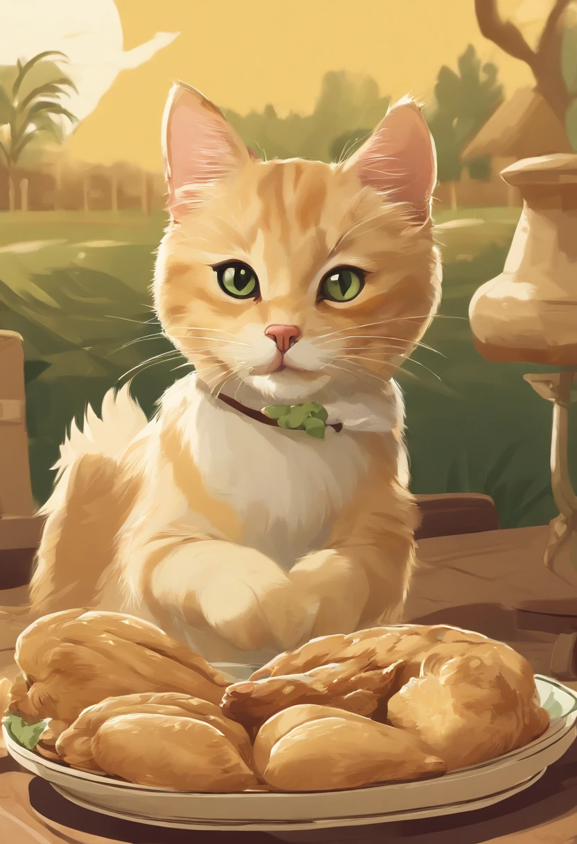 A cat and a dog eating chicken, Happy expression, American cartoon style, vintagestyle, Light yellow and dark green,best qualtiy