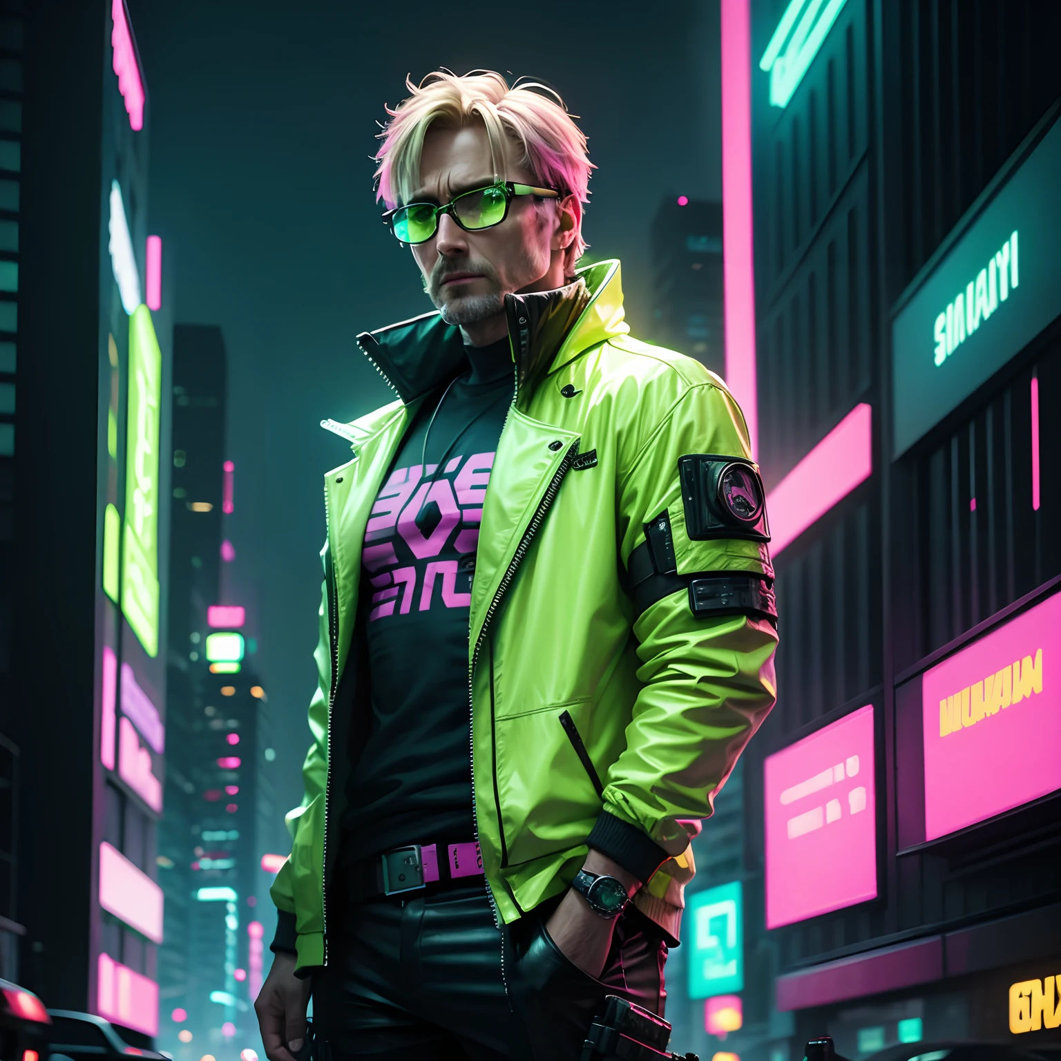 Cyberpunk neon green man wearing glasses on pink cityscape background Mads Mikkelsen Mercenary