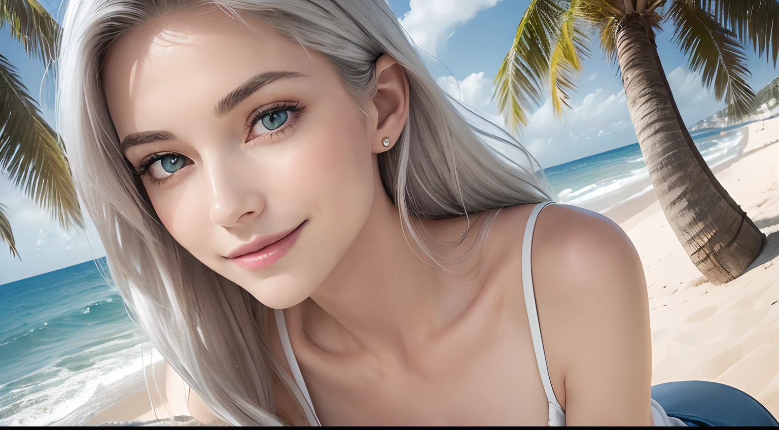 (Masterpiece, Best Quality, Photorealistic, high resolucion, photography, :1.3), (Woman in her 40s, )Close-up shots of faces, Close-up shots of faces, Close-up shots of faces, Sharp focus, (1 Girl, A European girl, Popular models), Realistic skin, Slender body type, Big breasts, (Her long, Pure white silver hair swept to the side, extremely detailed hair), Delicate sexy face, Organoleptic gases, Sparkling lips,(green pupil),(green pupil),(green pupil), ((realisitic, A hyper-realistic, realism, realistic detailed)), (Medium Tits:1.5), (White tank top T-shirt and ripped jean shorts), (A slender waist), (slim thigh), (Small hips), (Sorrisos), (seaside, waves, palm tree) (seaside, waves, palm tree), (Long straight hair), A woman is standing, (Sorrisos), (Sorrisos)
