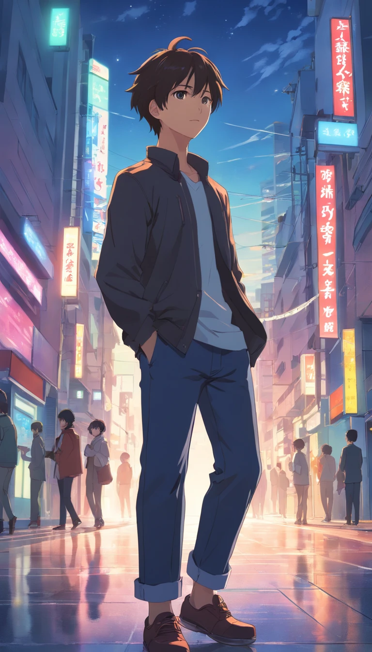 master-piece、mature adult、３０Uncle of the Era、Twinks、forehead、30 years old、dark hair、black jacket、black pants、White T-shirt、Make a bang、Protrude your forehead.、Twinks、Eyes drawn in detail、handsome、Within the city、Starriski、Mystical Light、dramatic light、The Power of Cinema、
