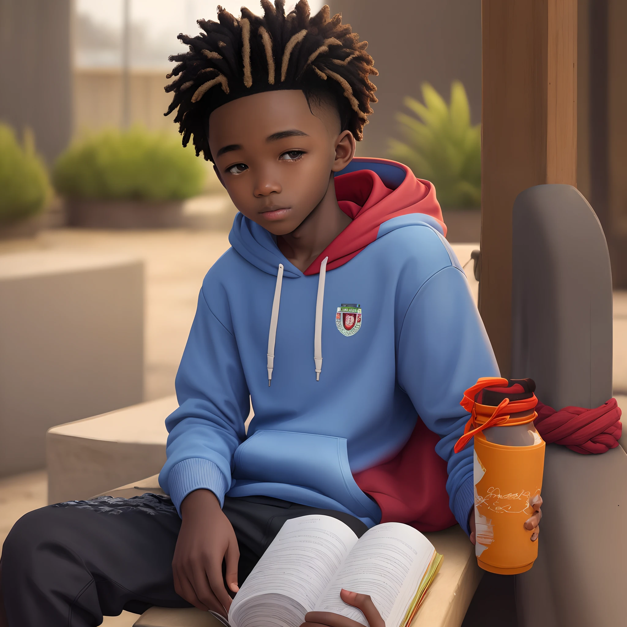 An African boy wearing hoodie, on hodie there is a text saying Salem Mokonnin, his hair style is snap