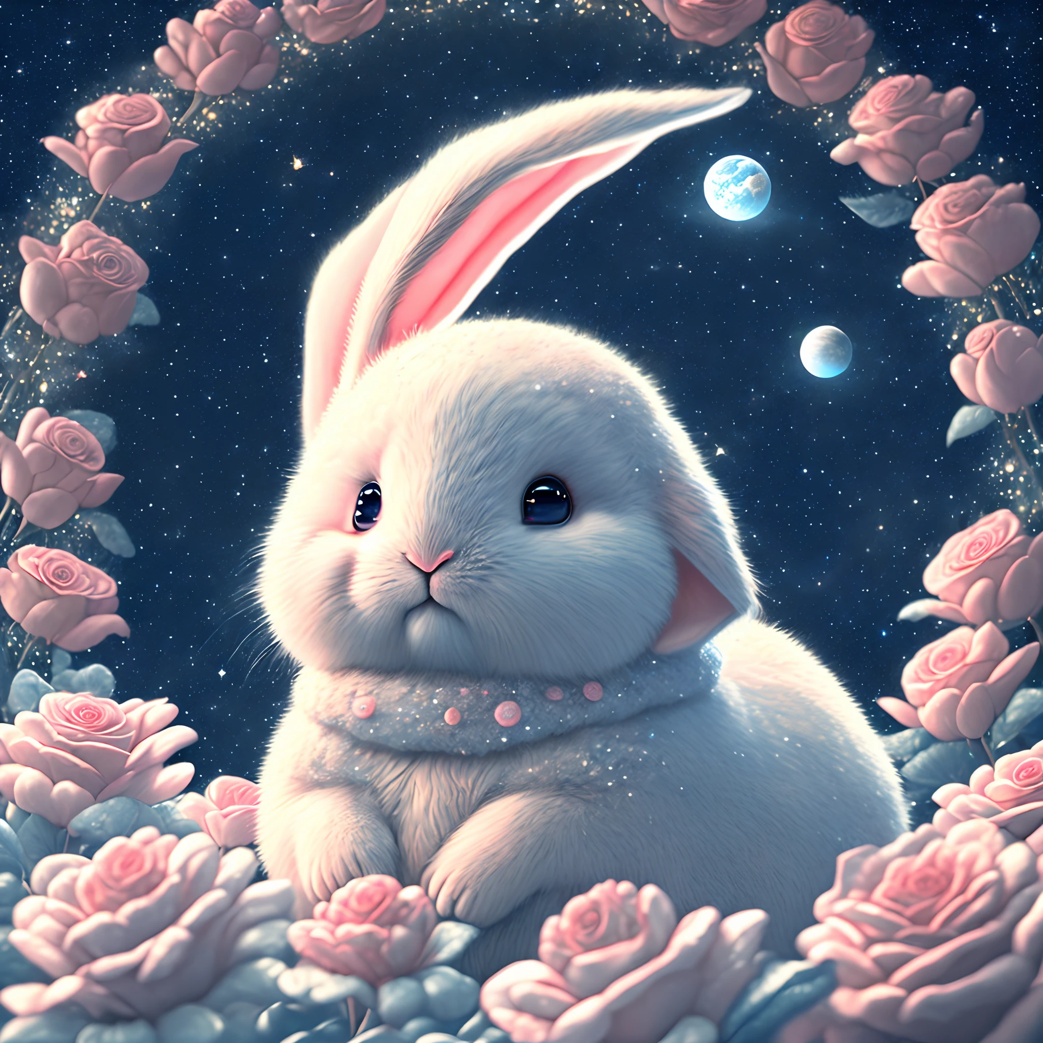 In this ultra-detailed CG art，a moon，during night，starrysky，Cute rabbit surrounded by roses，Best quality at best，A high resolution，Complicated details，fanciful，