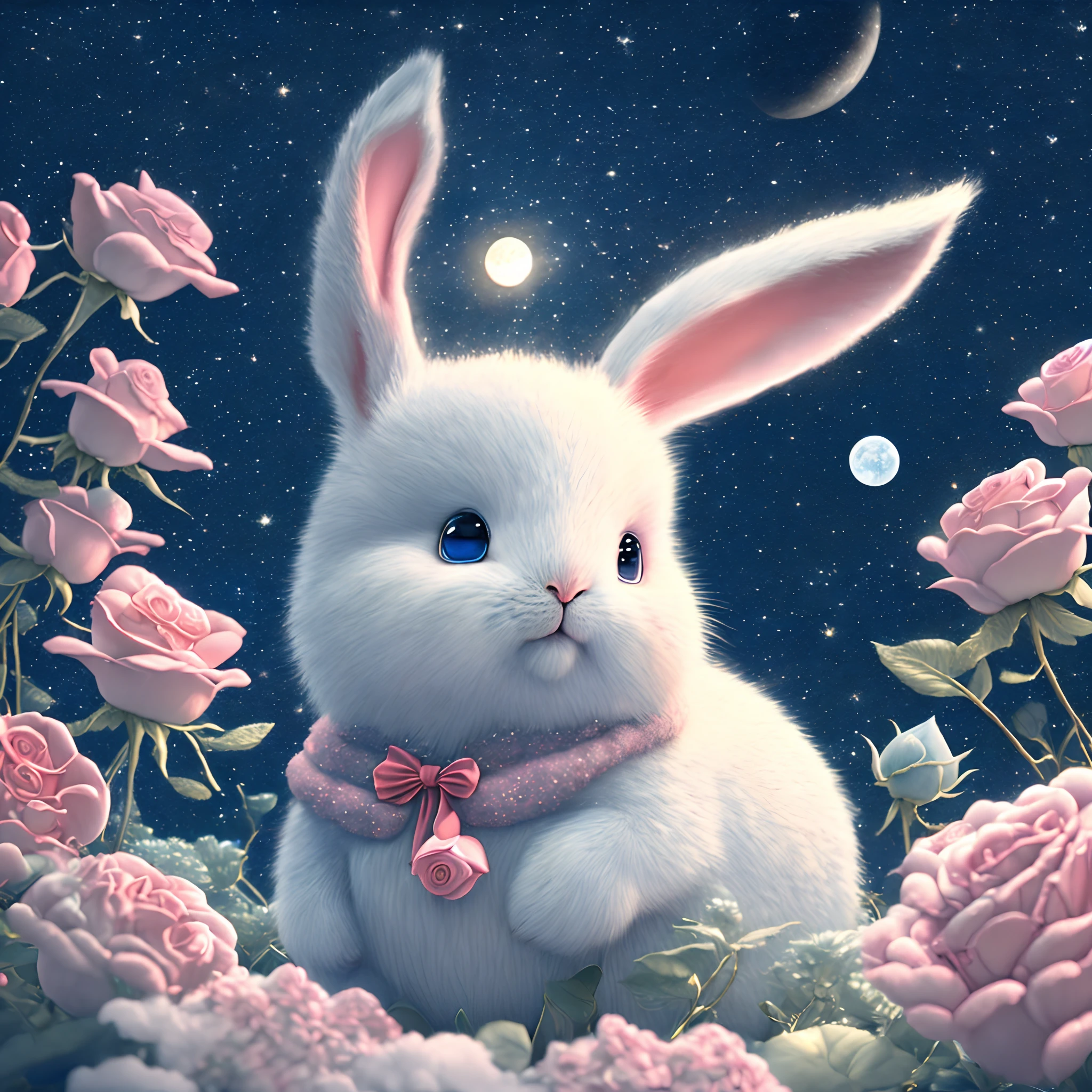 In this ultra-detailed CG art,a moon,during night,starrysky,Cute rabbit surrounded by roses,Best quality at best,A high resolution,Complicated details,fanciful,