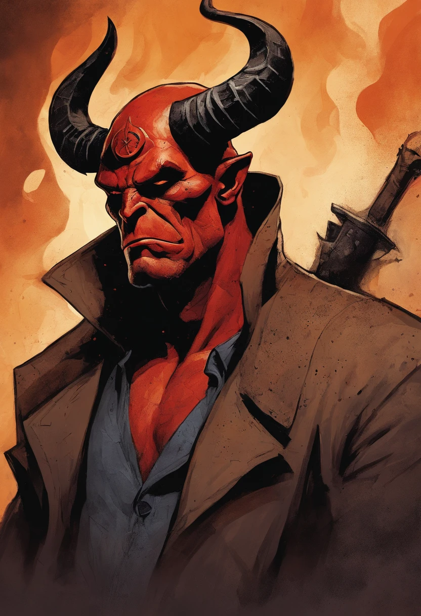 (best quality,highres),hellboy,dark,detailed,portrait,red face,fiery eyes,horns on forehead,trench coat,cigarette smoke,badass,villain,comic book style,vivid colors,demonic,underworld setting,ominous lighting,menacing expression,scarred skin,tattoos,piercings,devilish smirk,heroic pose,shadowy background,wisps of fire,smoldering atmosphere