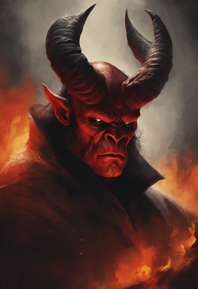 (best quality,highres),hellboy,dark,detailed,portrait,red face,fiery eyes,horns on forehead,trench coat,cigarette smoke,badass,villain,comic book style,vivid colors,demonic,underworld setting,ominous lighting,menacing expression,scarred skin,tattoos,piercings,devilish smirk,heroic pose,shadowy background,wisps of fire,smoldering atmosphere