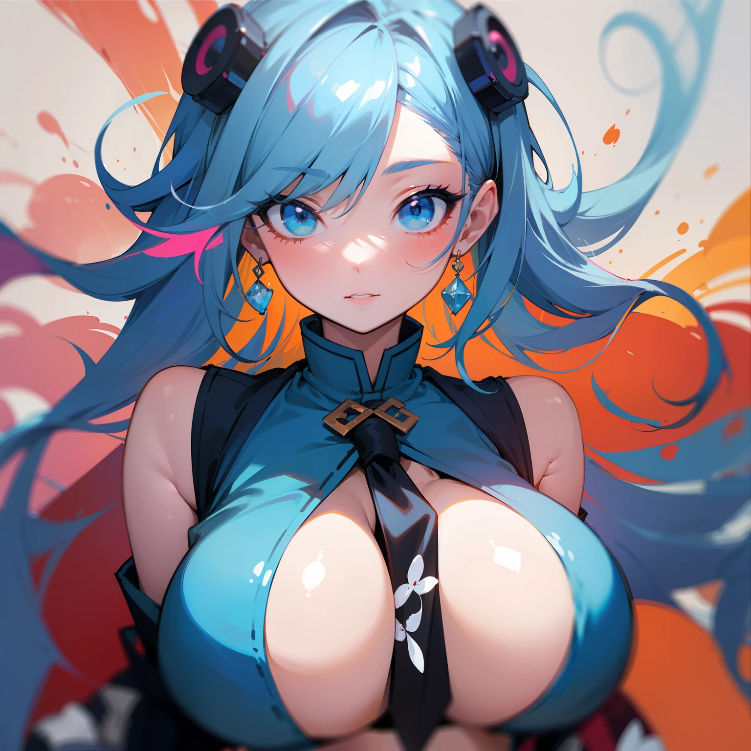 (masterpiece、top-quality、hight resolution)、White background、acrylic paints、((color splashes、Ink splash、color splashes))、Sweet Chinese 、Long light blue hair、[light blu|【pink there】hairstyle on、Curly type、Kira、Peach Lips、White shirt、the front、The upper part of the body、full bodyesbian、Boob emphasis,Open cleavage,((huge-breasted:1.4))、Cute,full bodyesbian、teats、Exposed、A tie that sticks to the chest