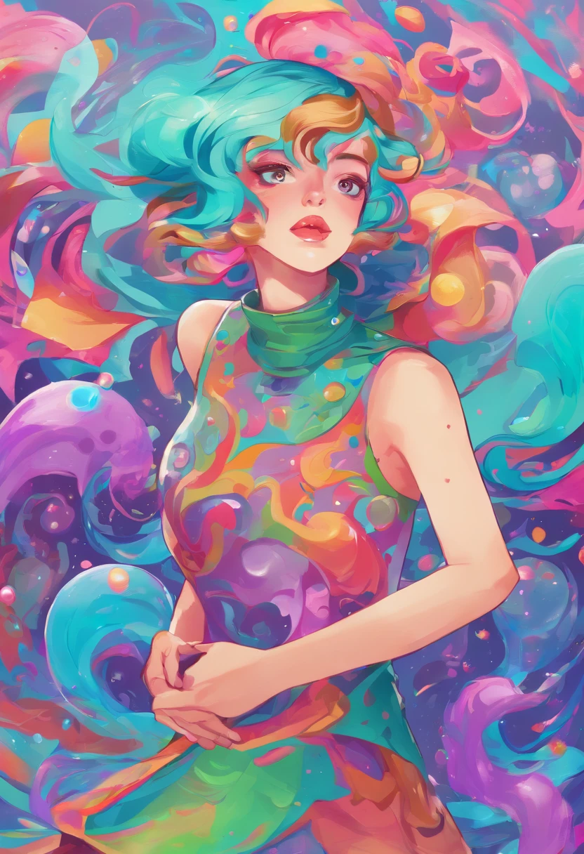 ((top-quality, 8K)), (Realistic), (Face Focus: 1.1), (cyan colors:1.3), (Green and purple colors: 1.2), Kawaii Girl, short-hair, Hair fluttering in the wind, Body from the waist up, (Sleeveless: 1.1)、Skirt, the skirt is swaying in the wind, D Cup Breasts, Countless soap bubbles,
