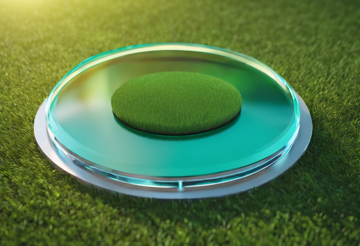 Glass round medal。 Acrylic material。Placed vertically on the grass in the middle of the stadium。Athletics field