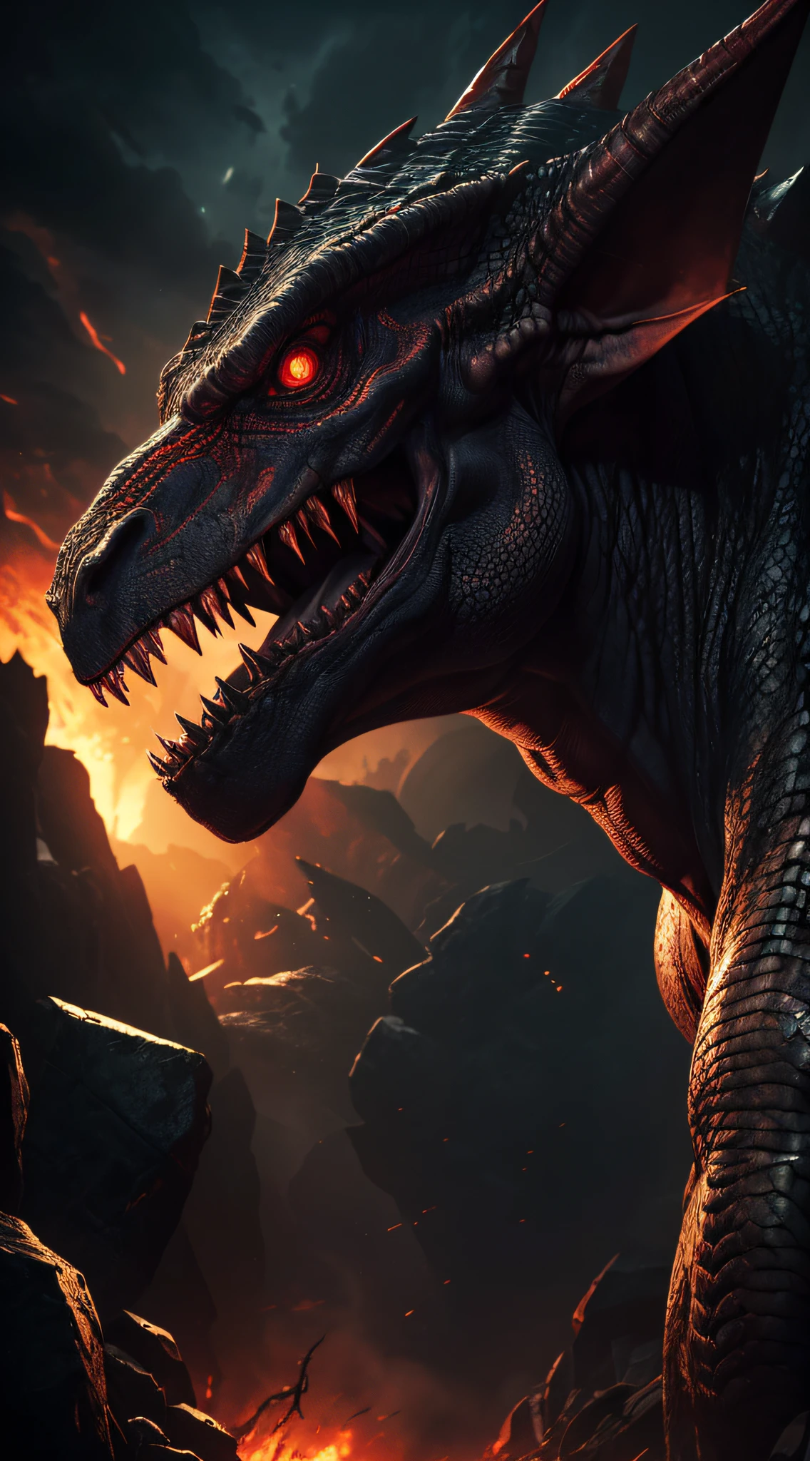 (realistic,horrifying) dinosaur in a (dark,night) background, (menacing,sharp teeth,ferocious) face, (scaly,leathery) skin, (giant,massive,imposing) body, (flashing,glowing,red) eyes, (sinister,ominous) shadows, (intense,contrast) between light and darkness, (high resolution,detailed) texture, (accurate,realistic) anatomy, (dynamic,motion) pose, (fierce,determined) expression, (emerging,rising) from the darkness, (creating,evoking) a sense of (fear,dread,awe).
