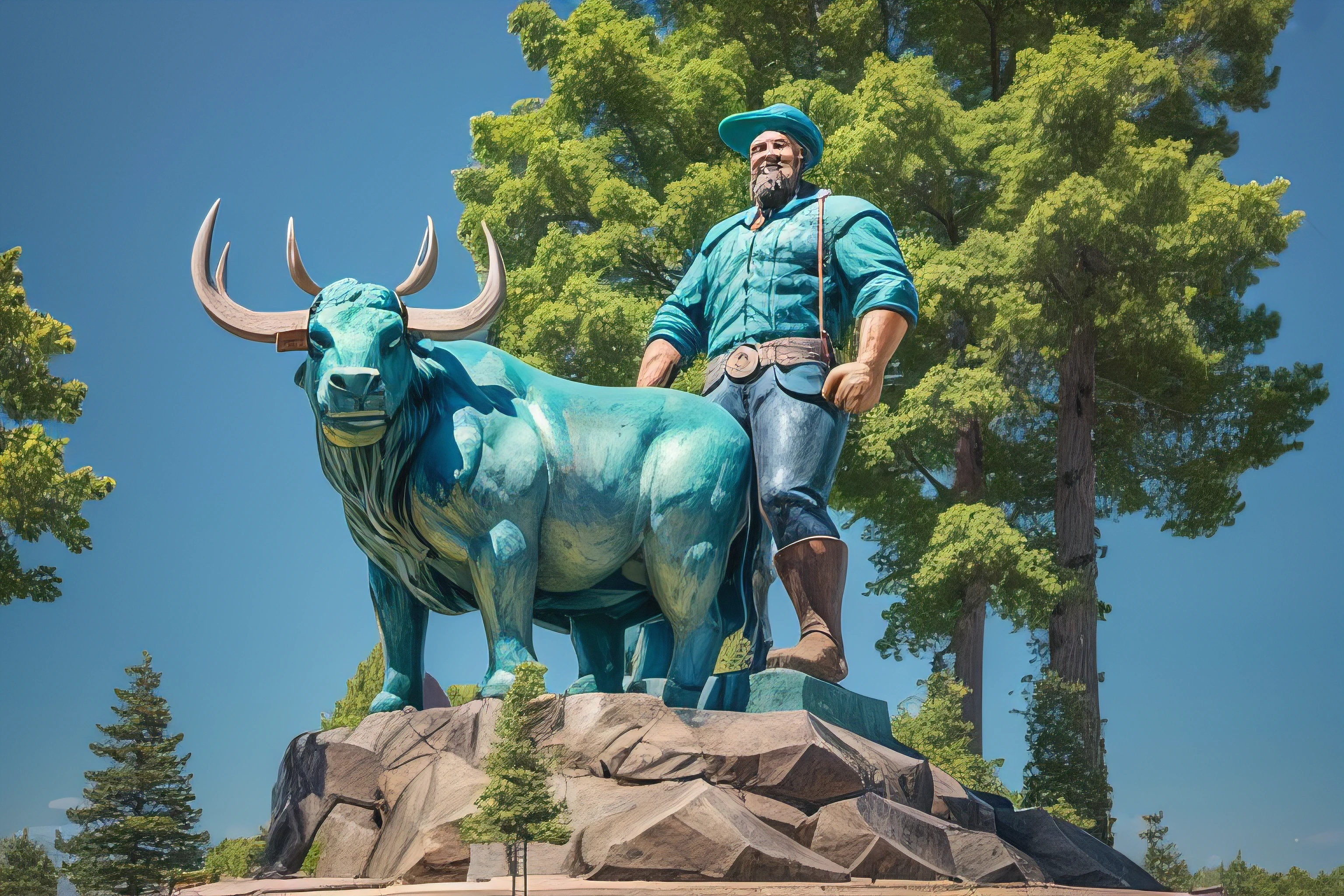 photo of colossal statue of Paul Bunyan and his blue ox pet, smiling, isometric view, public park, trees, water, sunny, detailed, high quality, high resolution, 8k, high saturation
