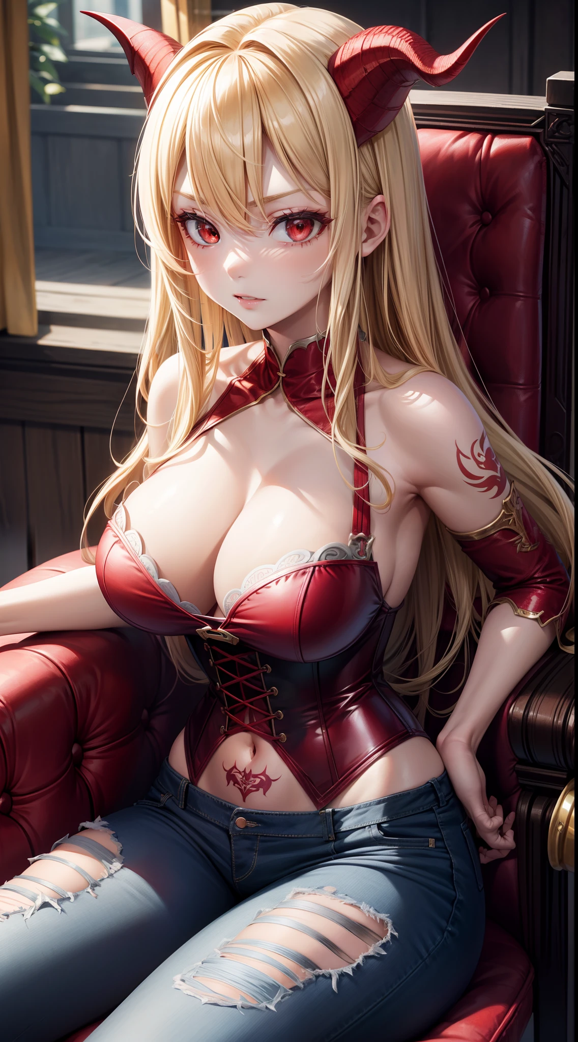 adult girl, longue blonde hair, red eyes, Red Dragon Horns, tattoo, red tight corset, open breasts, Deep wide neckline, open shoulders, Visible navel, Jeans, sitting in chair, Masterpiece, hiquality, 4k, HD, Good detail