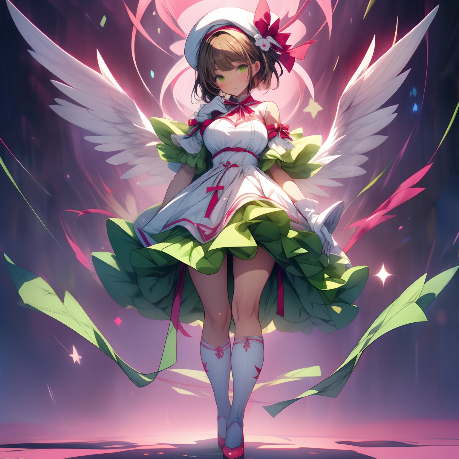 21 years old, 160 cm tall, full body shot, wide angle, beautiful, cute, shy expression. 1 female. Light brown hair. Yellow-green eyes. Short cut. short hair, big breasts, cleveage, bare shoulders, eye level view,Matching bangs. Short dress with white top and pink bottom folds, red ribbon on chest, lace around edges of dress. White over-knee socks. White panties. Pink beret with red ribbon at the back. Cute pink pumps. Warm lighting. Looking at the camera. Legs open. She is turning up her dress with her left hand. The woman's back has rounded wings. In her right hand, she is holding a lovely big magic wand with a big yellow star at the end of a long, thick, pink handle and small white wings on either side. Stylish white gloves with red ribbon. Colorful gradient background. standing, floating, one leg up. Photo quality, high resolution. A masterpiece. Illustration.