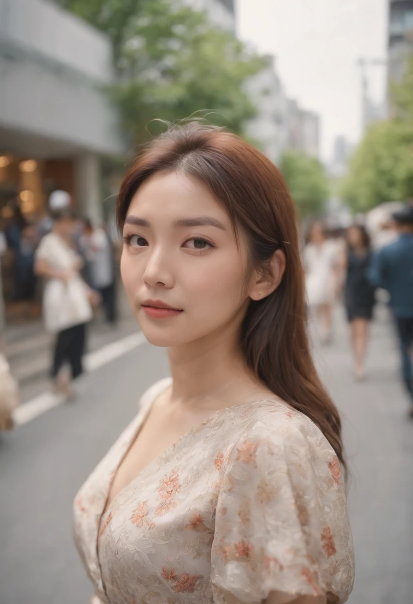 (((high definition image, masterpiece))), (goddess of breasts, a woman born from flowers, ((round face)), eyes realistic sizing, drooping eyes, smiling, small breasts, (unbuttoned shirt), (((large swollen areolas, nipples))), (closeup areolas), ecstasy face, ((on the street, trees, medieval European buildings)), hair up,