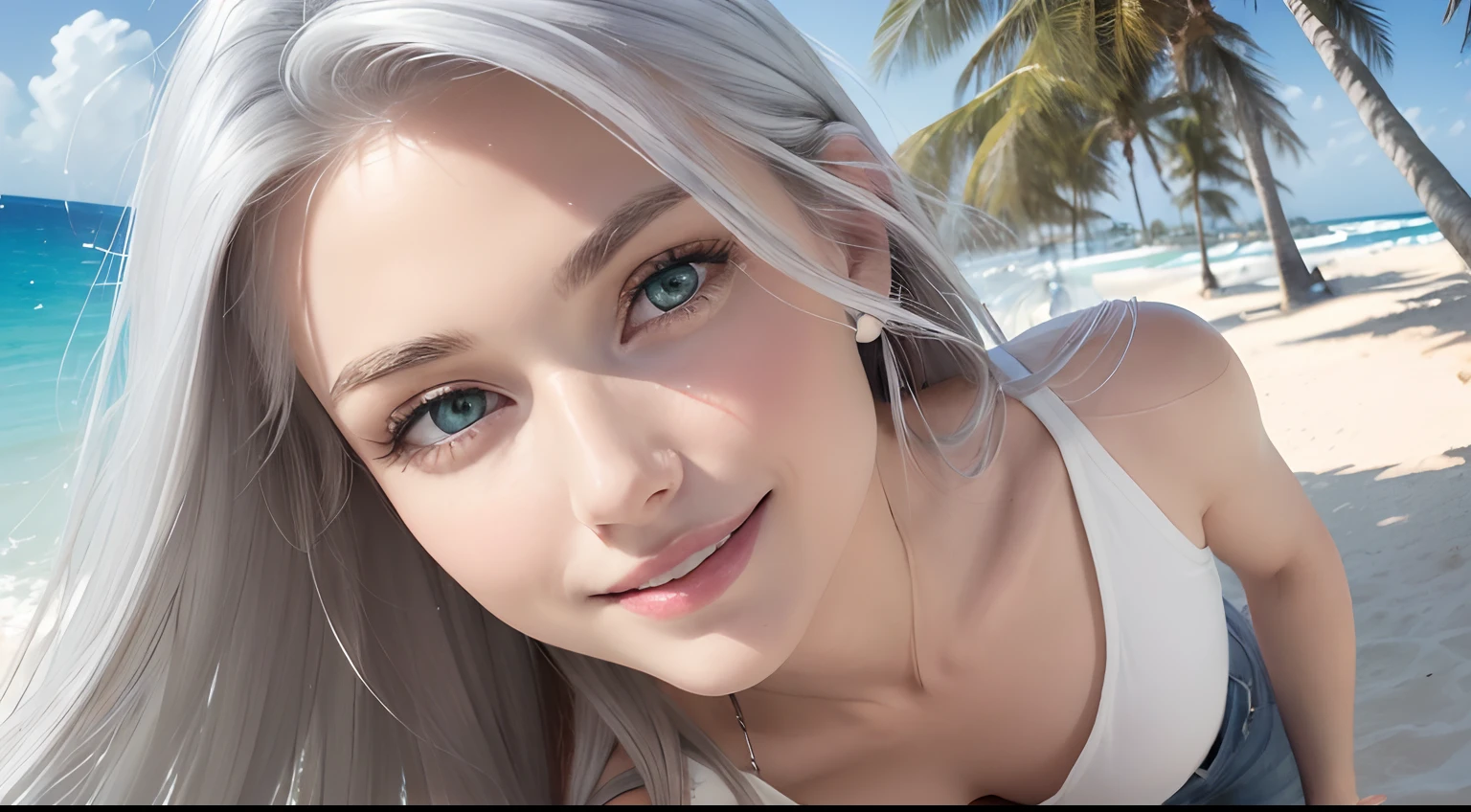 (Masterpiece, Best Quality, Photorealistic, high resolucion, photography, :1.3), (Woman in her 40s, )Close-up shots of faces, Close-up shots of faces, Close-up shots of faces, Sharp focus, (1 Girl, A European girl, Popular models), Realistic skin, Slender body type, Big breasts, (Her long, Pure white silver hair swept to the side, extremely detailed hair), Delicate sexy face, Organoleptic gases, Sparkling lips,(green pupil),(green pupil),(green pupil), ((realisitic, A hyper-realistic, realism, realistic detailed)), (Medium Tits:1.5), (White tank top T-shirt and ripped jean shorts), (A slender waist), (slim thigh), (Small hips), (Sorrisos), (seaside, waves, palm tree) (seaside, waves, palm tree), (Long straight hair), A woman is standing, (Sorrisos), (Sorrisos)
