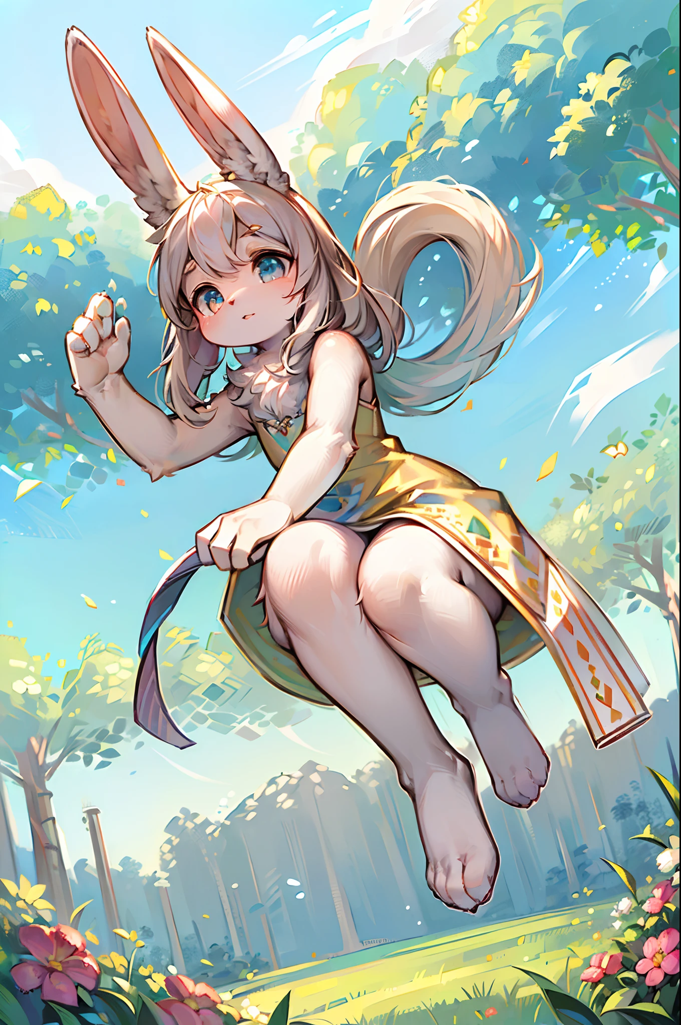 nude, catgirl, flat chest, sunbathing, , loli, outsidail, smiling, stretching, detached sleeves, hat