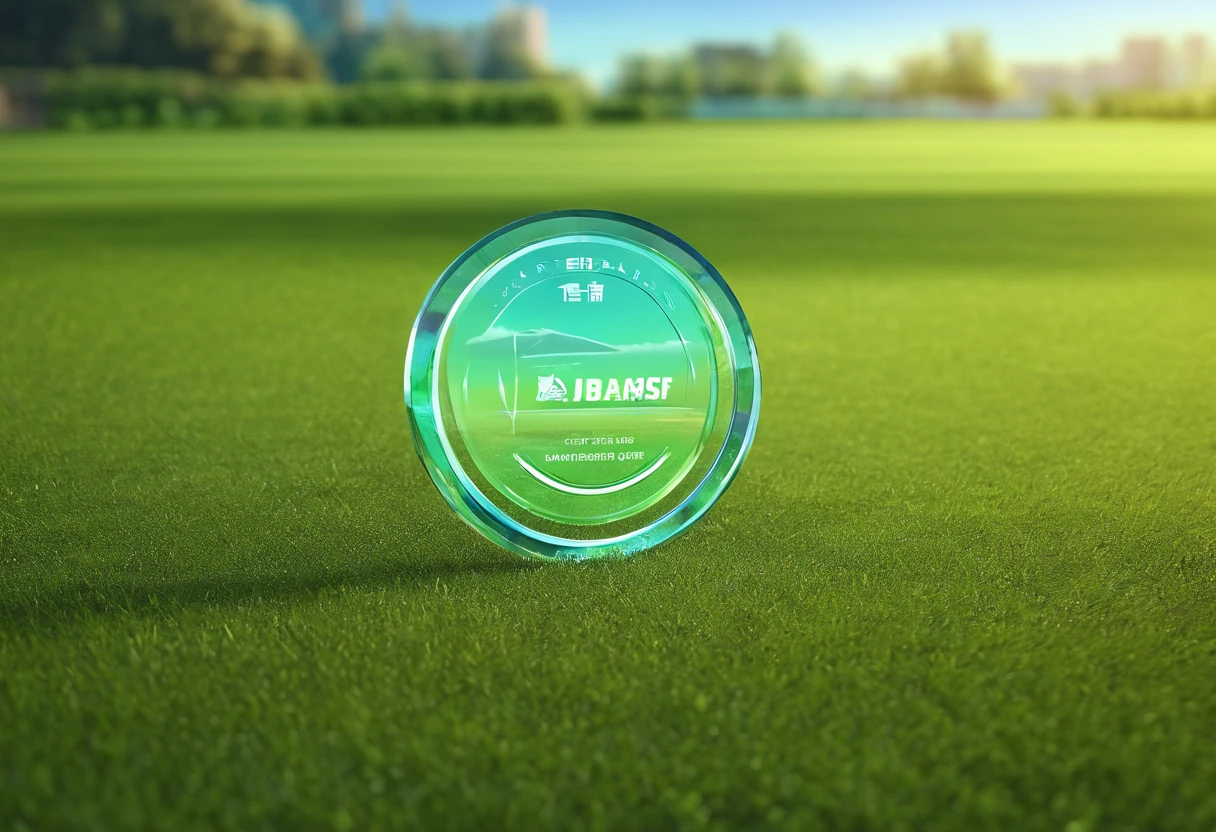Glass round medal。 Acrylic material。Placed vertically on the grass in the middle of the stadium。Athletics field