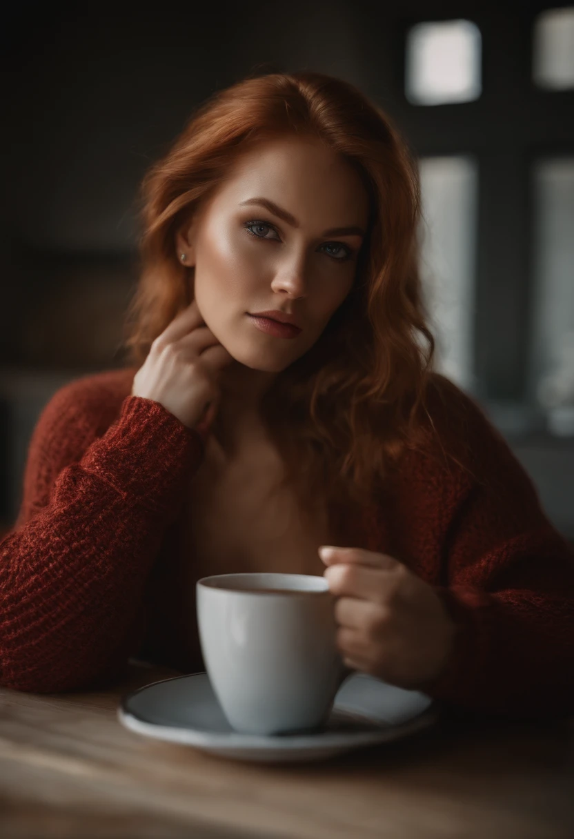 closeup cleavage, Portrait, Lyanna Decker, ((wearing sweater)), inside, Portrait, Kitchen, Holding a coffee cup, Winter fires, Eyes open, Best quality, Upper body, author：Lee Jeffries Nikon D850 Film Stock Photo 4 Kodak 400 Camera F1.6 lens rich colors hyper realistic lifelike texture natural lighting unreal engine trending on artstation cinestill 800, (100mm lens), Long hair,, Red hair