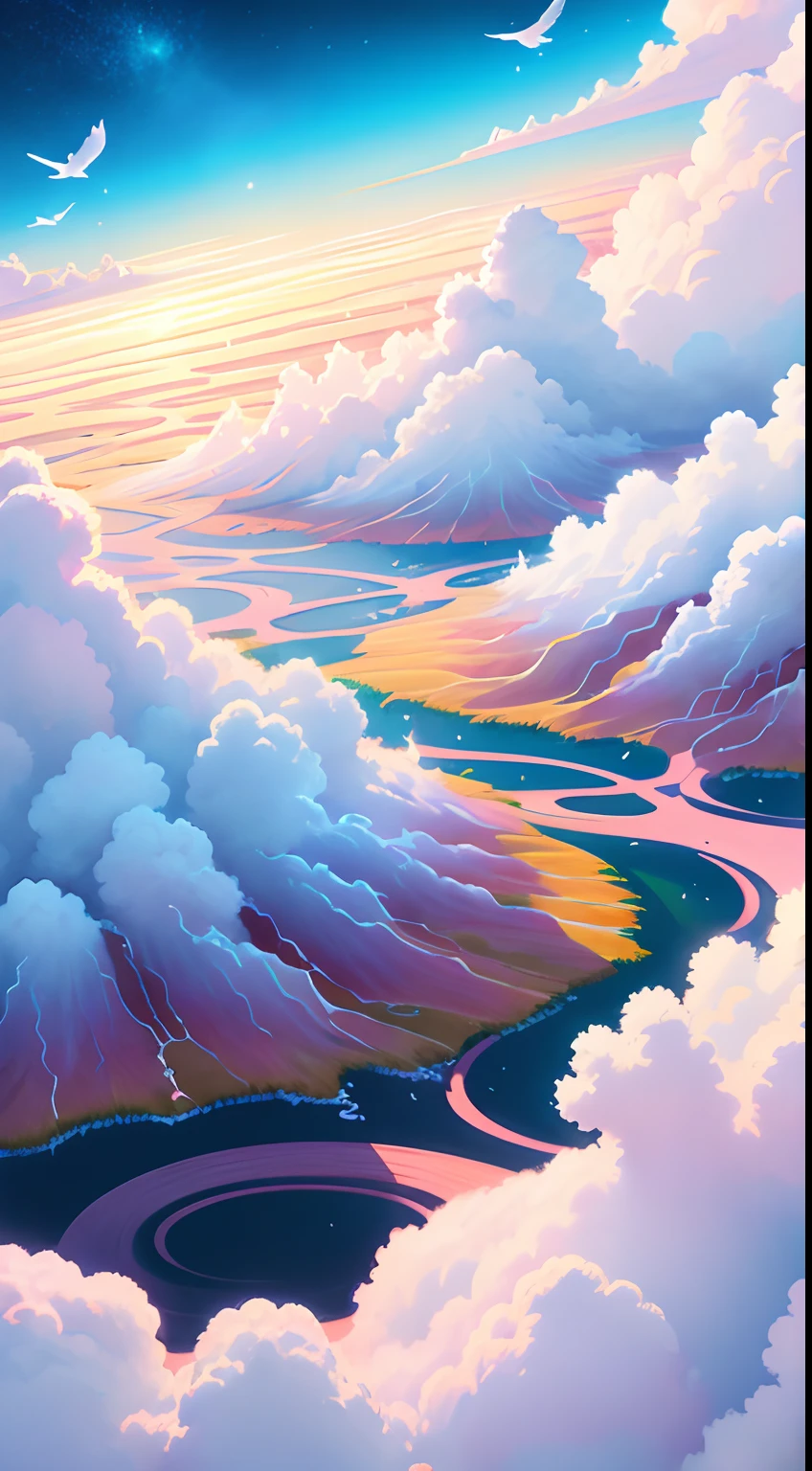 Flower field painting of birds flying in the sky, detail painting 4k, drawn in anime artist studio, in white cloud wonderland, drawn by Yang J, anime beautiful peaceful scene, high quality digital painting, beautiful floating clouds. Anime, beautiful anime scenes, Rose Tran. Landscape background, beautiful digital painting, white cloud fairyland --v6