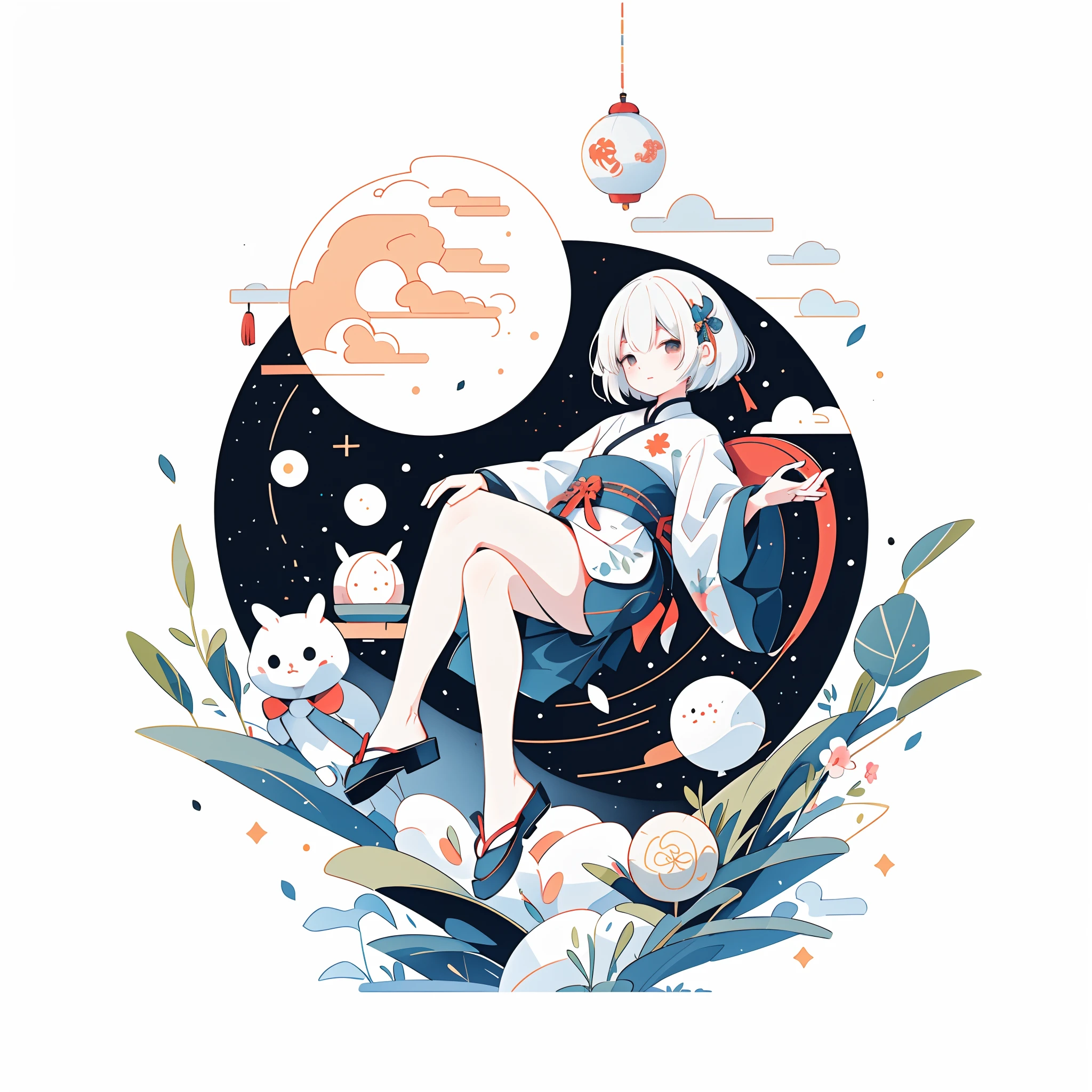 （A rabbit：1.4）, sat on the ground, Looking up, Mid-Autumn Festival atmosphere, sweet osmanthus，Meniscus，Moon cake，（Chinese kanji：1.3），Traditional Chinese illustration style, Digital art, Simple background, Masterpiece on white background, （Amy Sol style），Light abstract cover art， Simple vector art，Best quality, Ultra-detailed, High quality, 4K