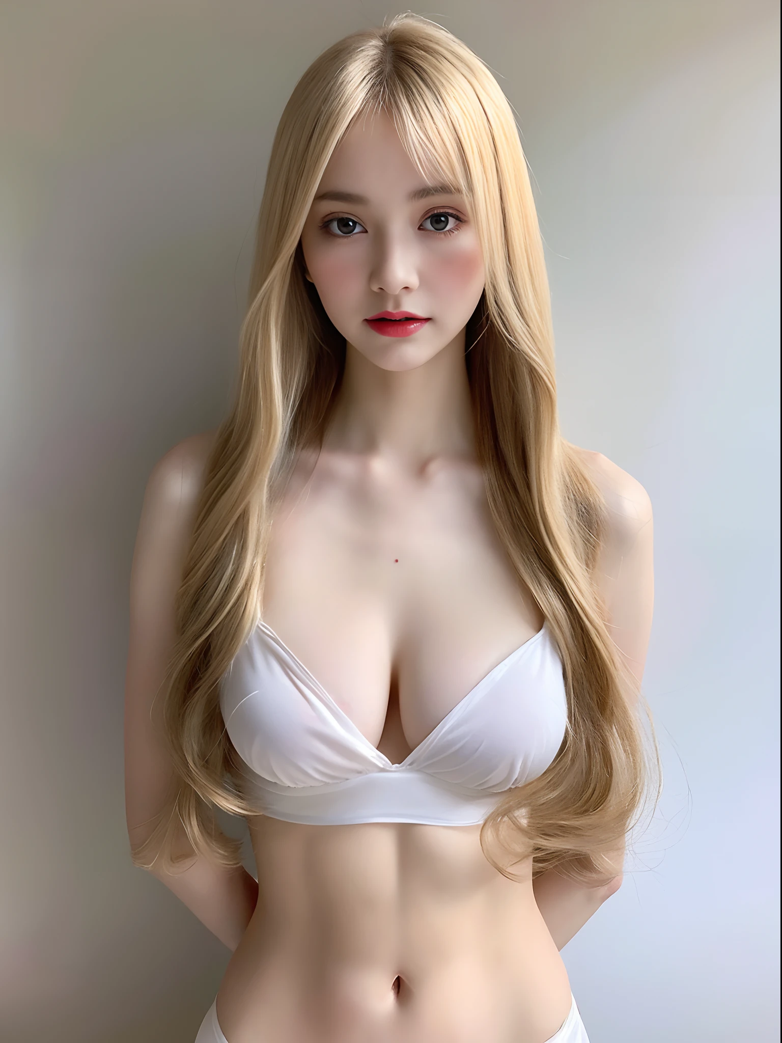 1 persons、gals、Beautie、Semi-long blonde hair、Beautiful Large Breasts、A slender、Toned waist、doll on bare skin(See-through fabric)、Puffy nipple 、Model for 1 person、
