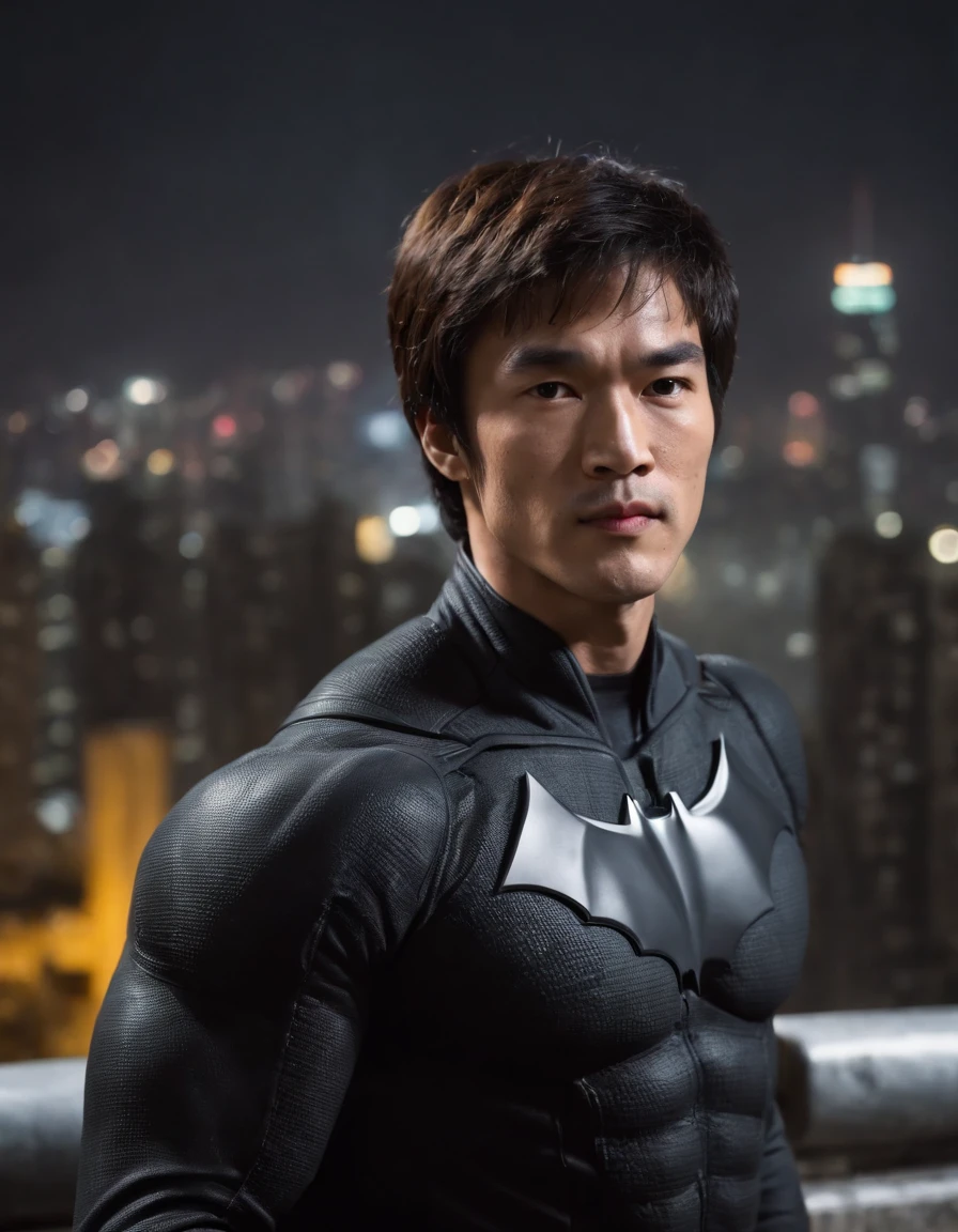 face focus shot, 1 man, solo, Bruce Lee as Batman, tall, hunk, muscular, bulk, wide shoulder, photorealism, smirking face, crossed arms, (leaning onto a wall), dark dirty grey suit, dark grey arms, ((no mask)), mask off,
black hair, black gloves, best quality, masterpiece, high resolution:1.2, NO cape , award winning, night time, Hong Kong city background