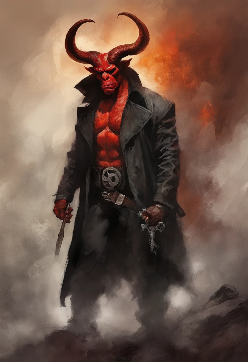 (best quality,highres),hellboy,dark,detailed,portrait,red face,fiery eyes,horns on forehead,trench coat,cigarette smoke,badass,villain,comic book style,vivid colors,demonic,underworld setting,ominous lighting,menacing expression,scarred skin,tattoos,piercings,devilish smirk,heroic pose,shadowy background,wisps of fire,smoldering atmosphere