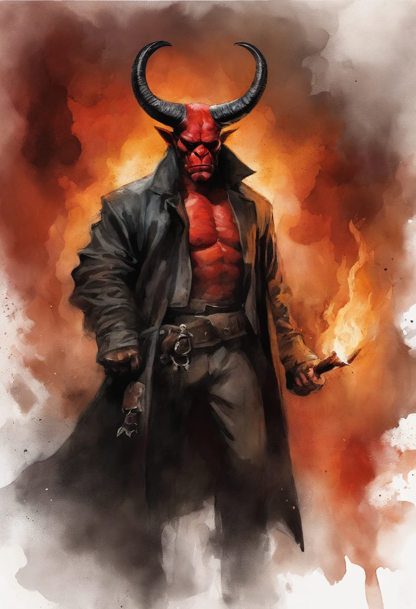 (best quality,highres),hellboy,dark,detailed,portrait,red face,fiery eyes,horns on forehead,trench coat,cigarette smoke,badass,villain,comic book style,vivid colors,demonic,underworld setting,ominous lighting,menacing expression,scarred skin,tattoos,piercings,devilish smirk,heroic pose,shadowy background,wisps of fire,smoldering atmosphere