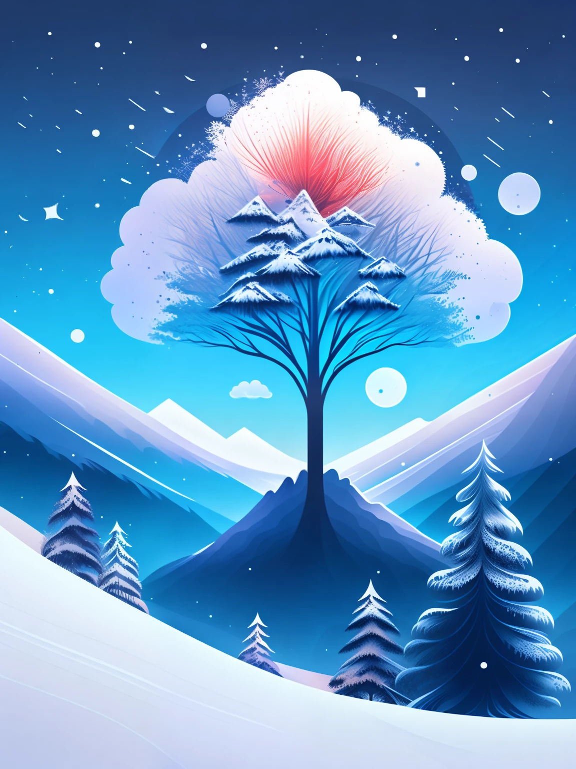 a spruice tree in a winter landscape, tshirt design, rzminjourney, vector-art