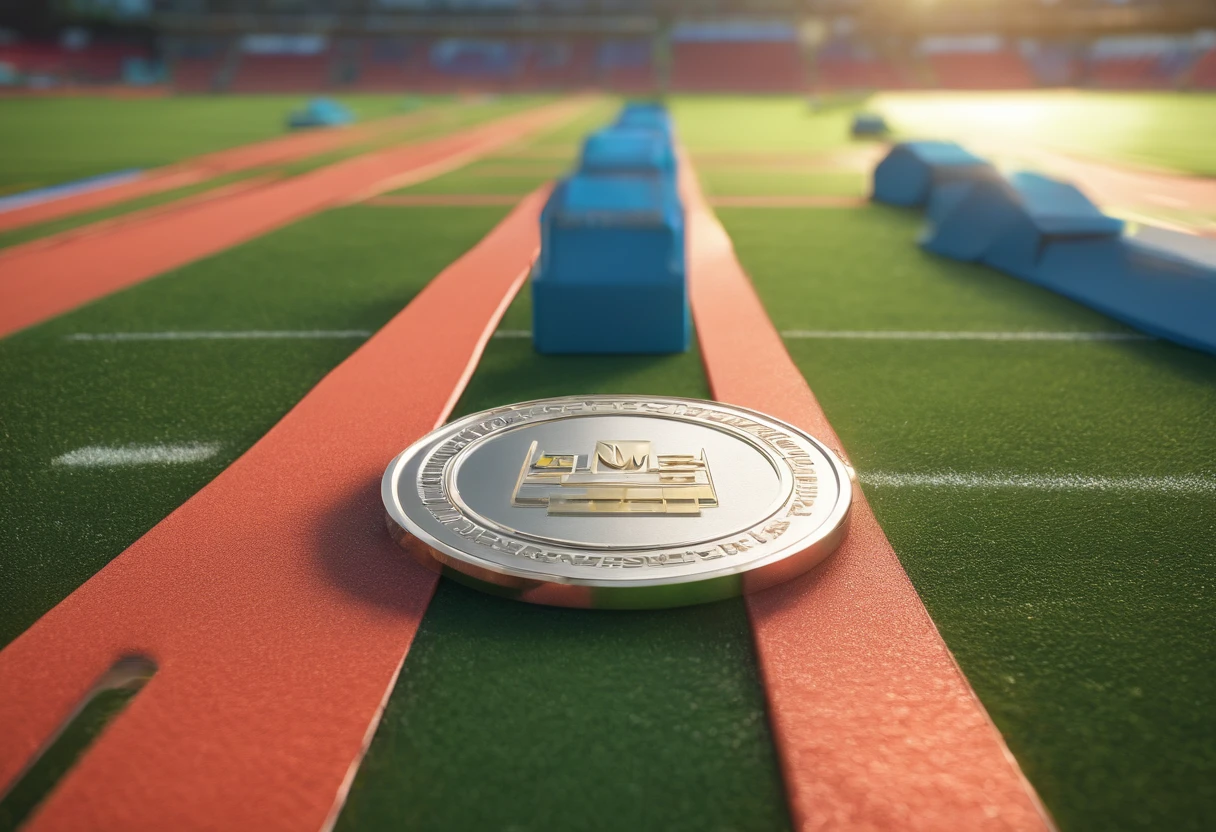 Glass round medal。  Acrylic material。Place vertically on the grass in the middle of the stadium on the running track。Athletics field